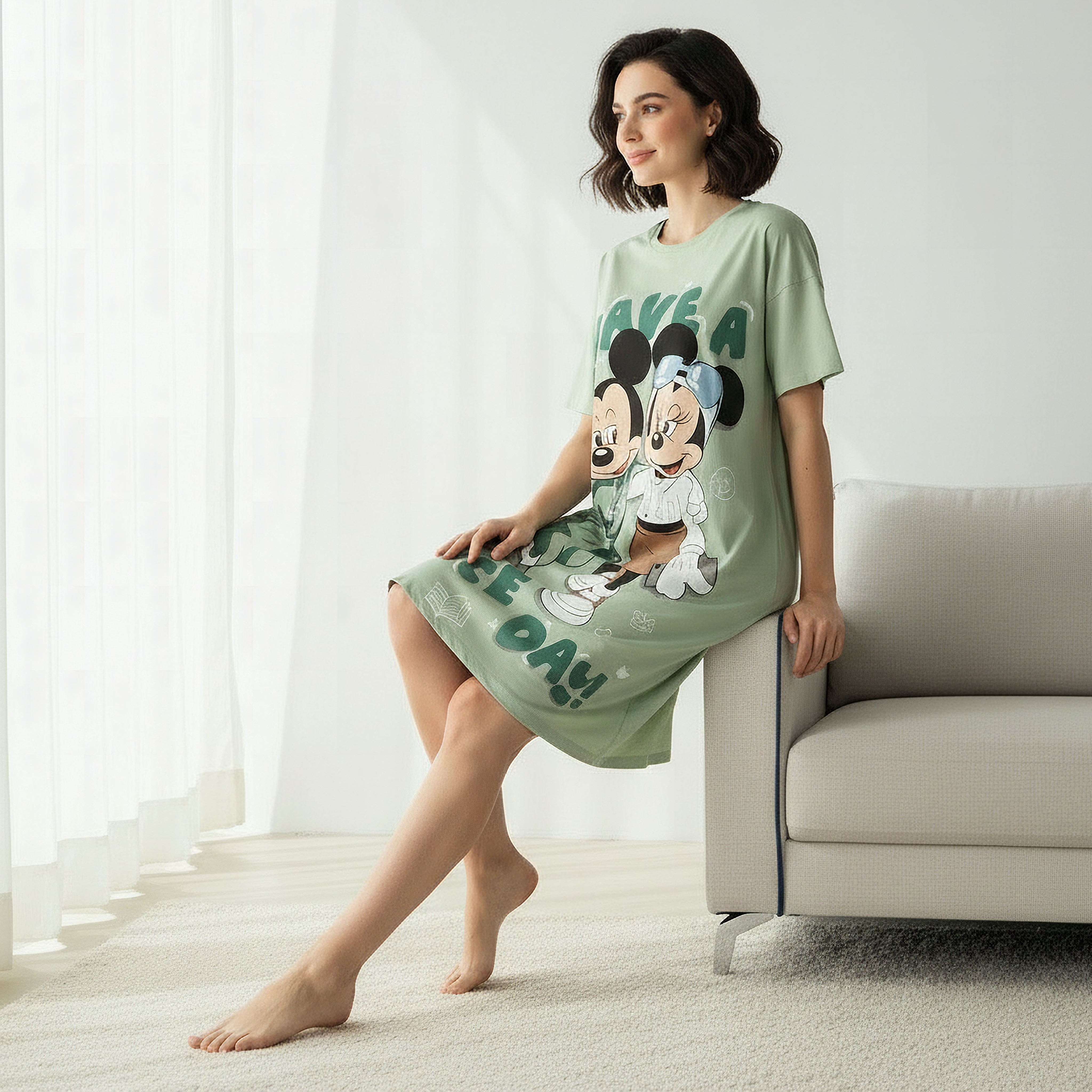 Sleepshirt Short Sleeve Mickey and Minnie Mouse Print Cotton-women-clothing-nightwear-nighties-image-2
