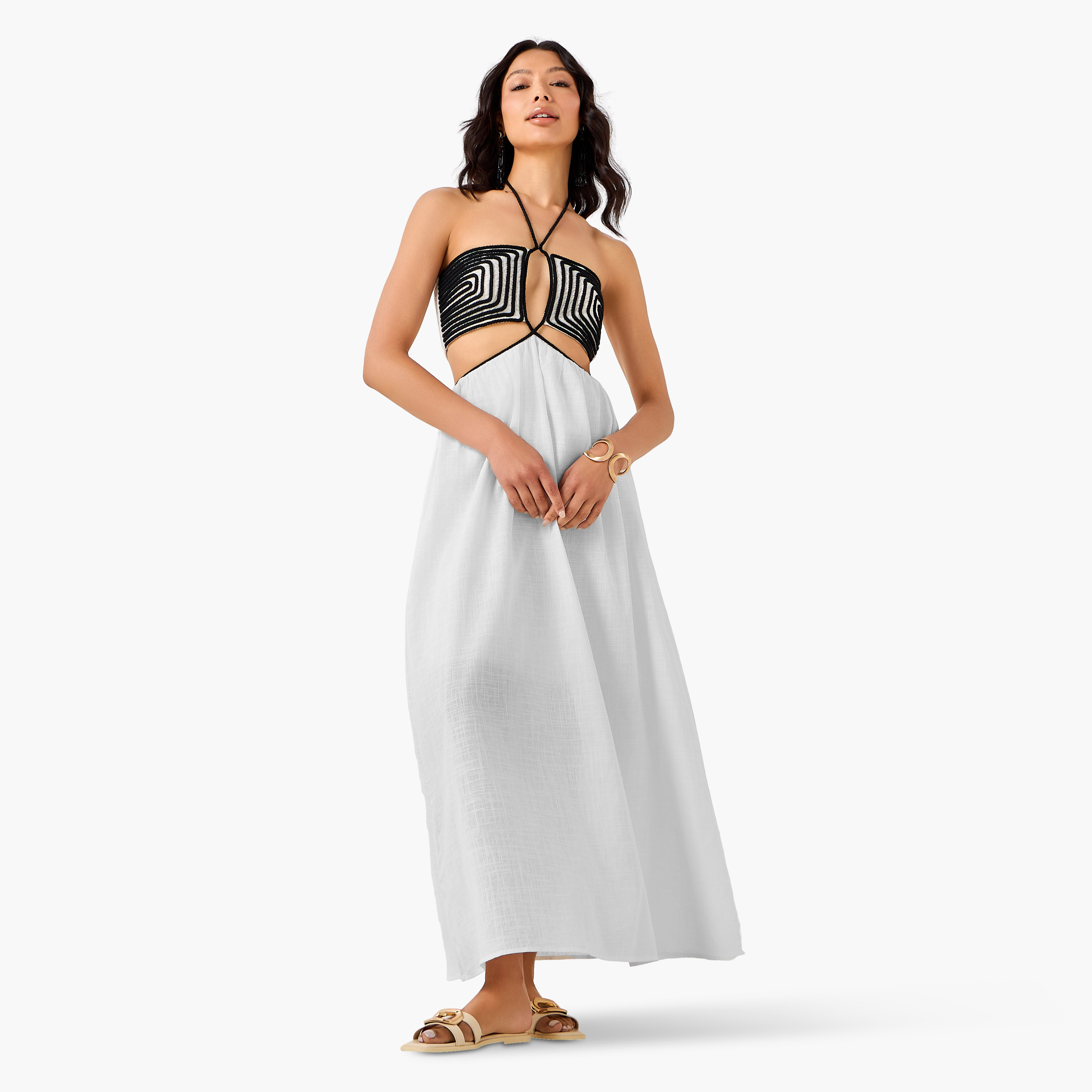 Women Geometric Rope Detail Halter Neck Maxi Dress-women-clothing-dresses-image-2