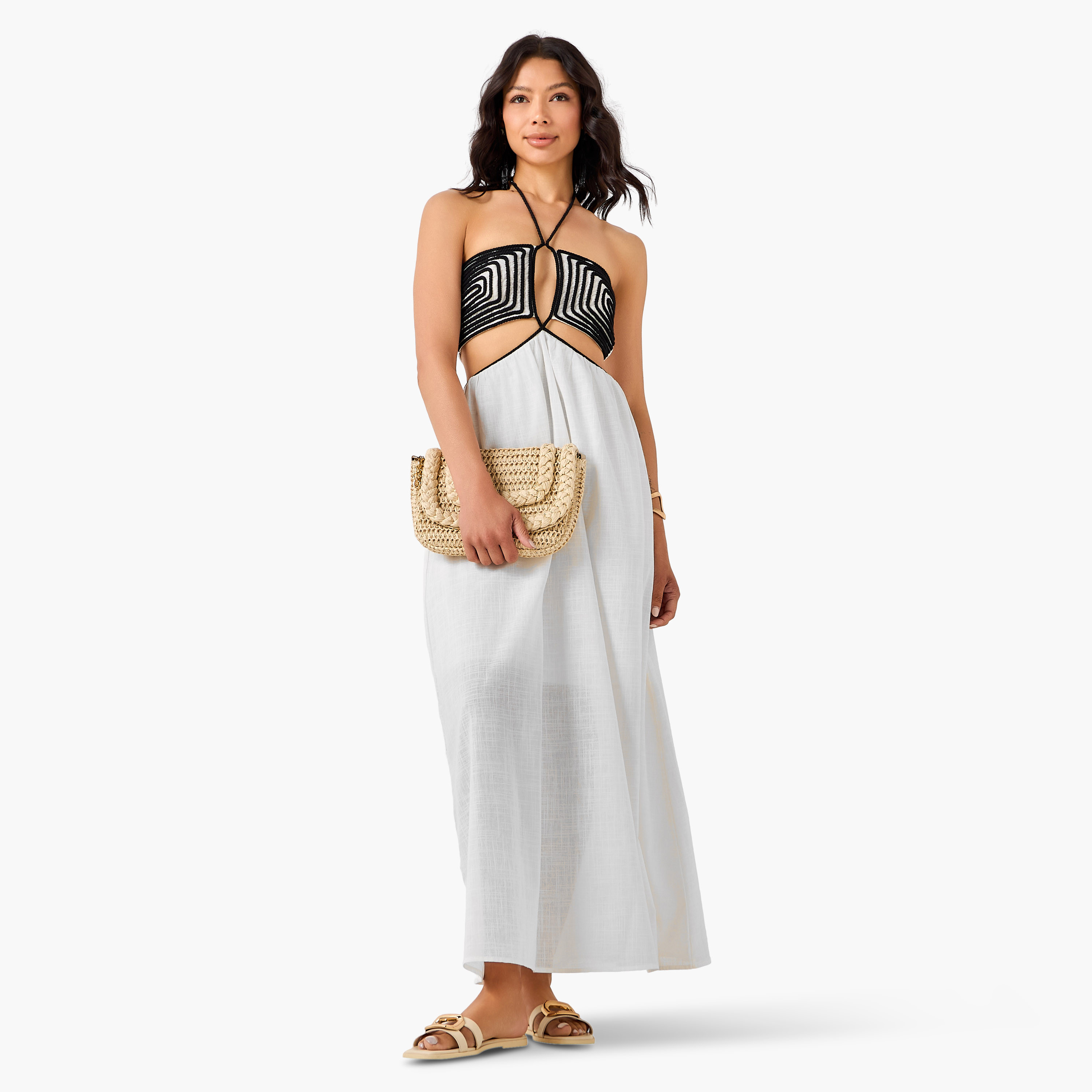 Women Geometric Rope Detail Halter Neck Maxi Dress-women-clothing-dresses-image-3