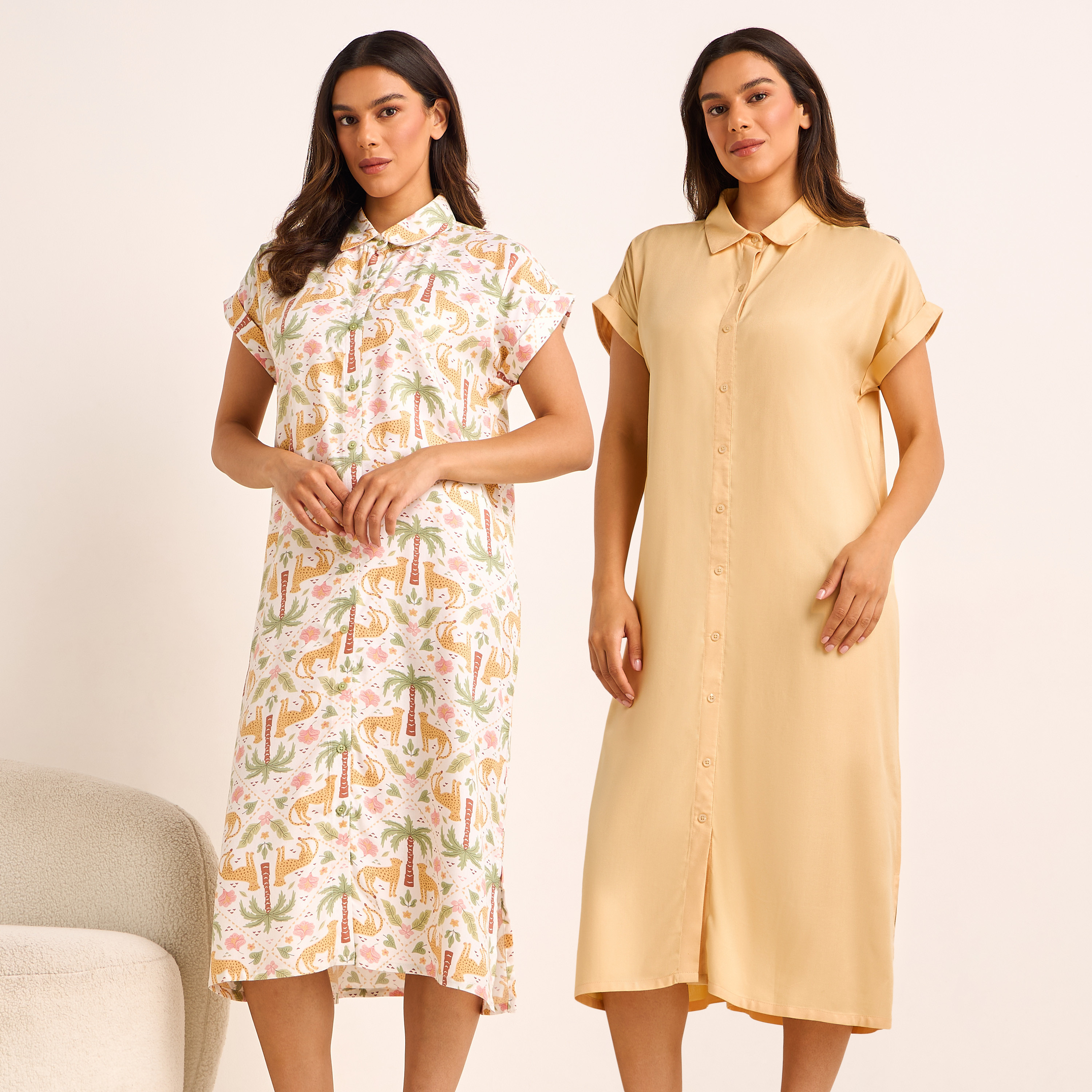 Midi Length Night Dress Short Sleeves Printed Viscose - Set of 2-women-clothing-nightwear-nighties-image-1