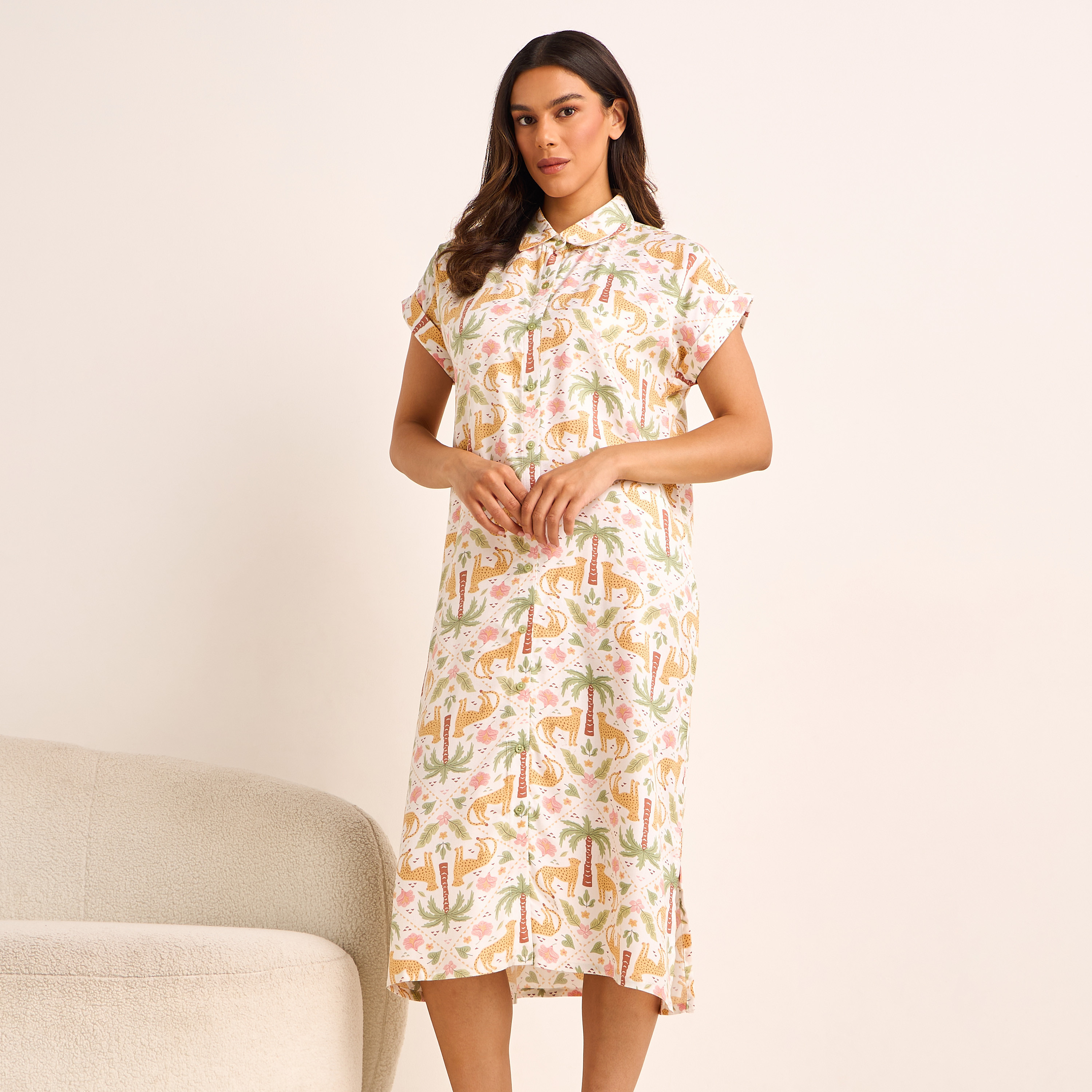 Midi Length Night Dress Short Sleeves Printed Viscose - Set of 2-women-clothing-nightwear-nighties-image-2
