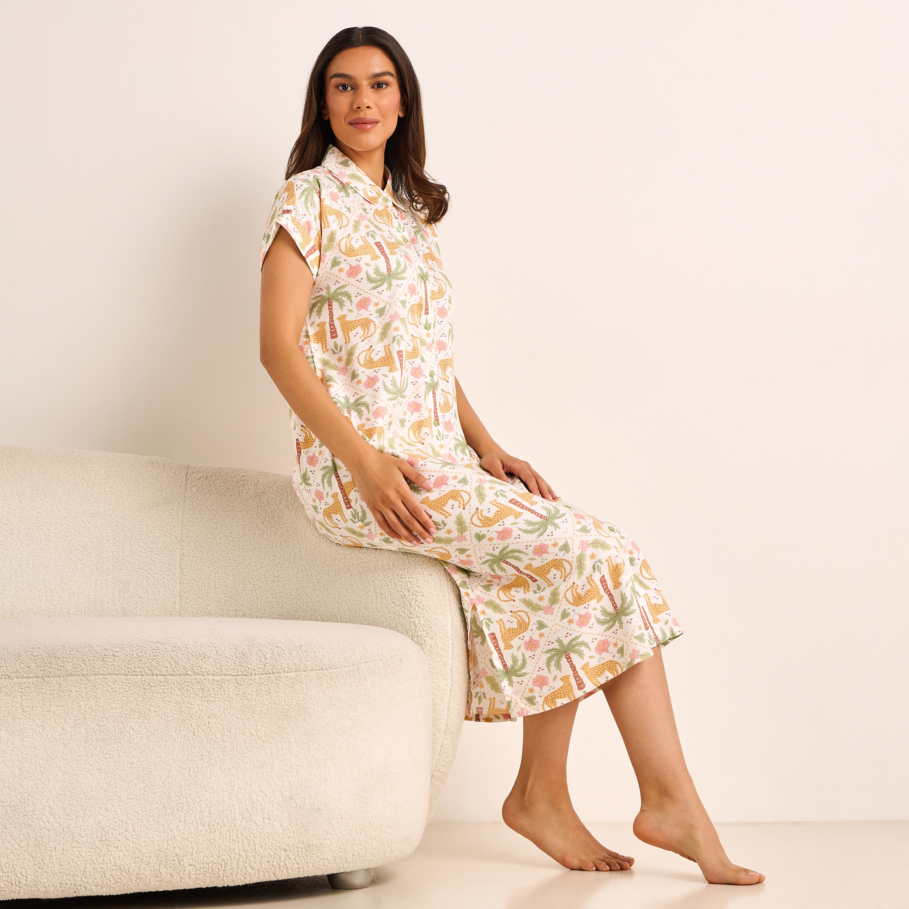 Midi Length Night Dress Short Sleeves Printed Viscose - Set of 2-women-clothing-nightwear-nighties-image-3
