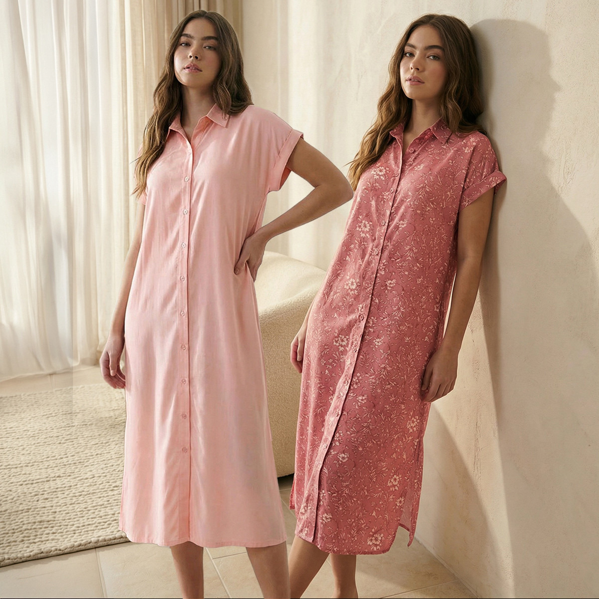 Midi Length Night Dress Short Sleeves Printed Viscose - Set of 2-women-clothing-nightwear-nighties-image-1