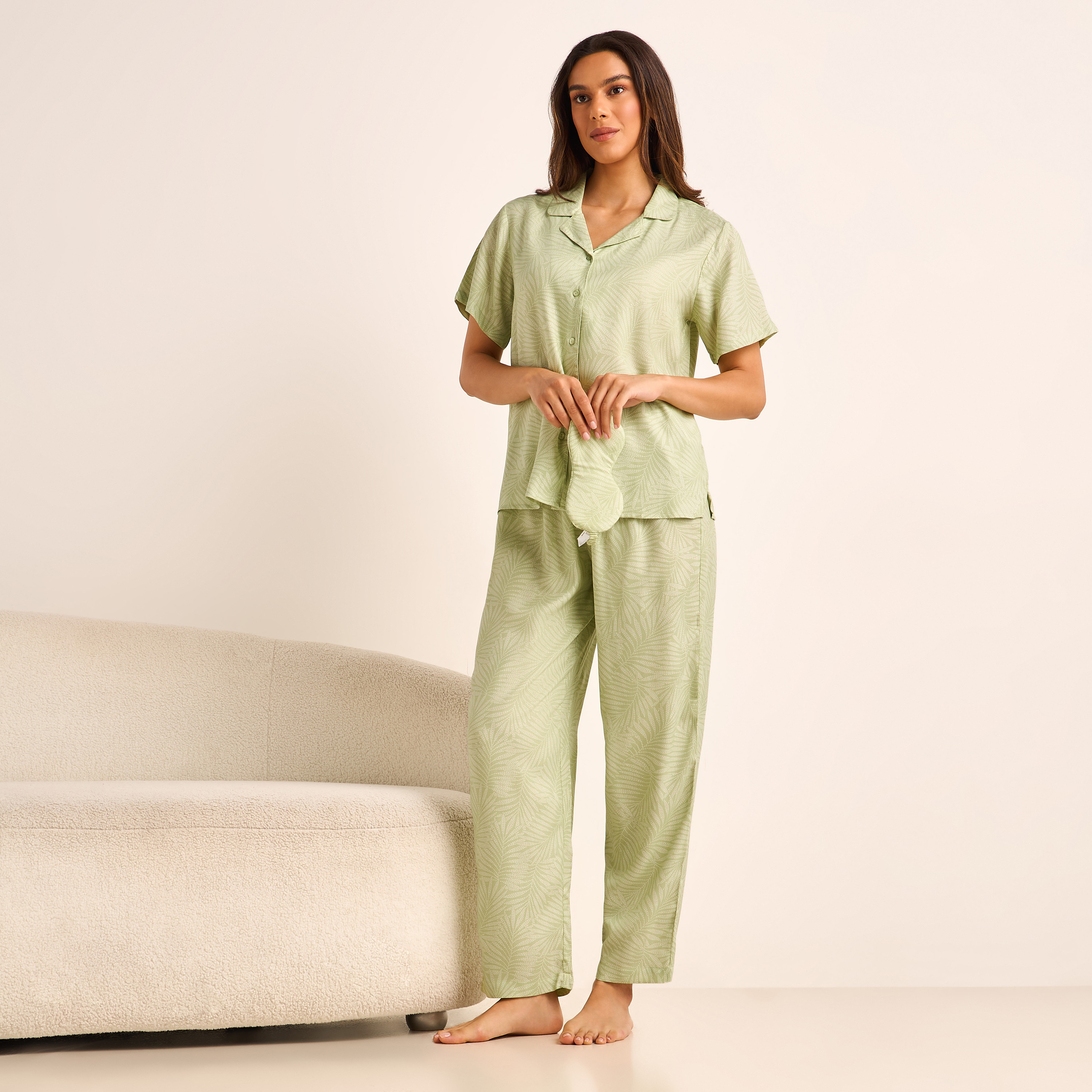 Pyjama Set Button-Down Shirt and Pants with Eye Mask-women-clothing-nightwear-pyjamas-longsets-image-1