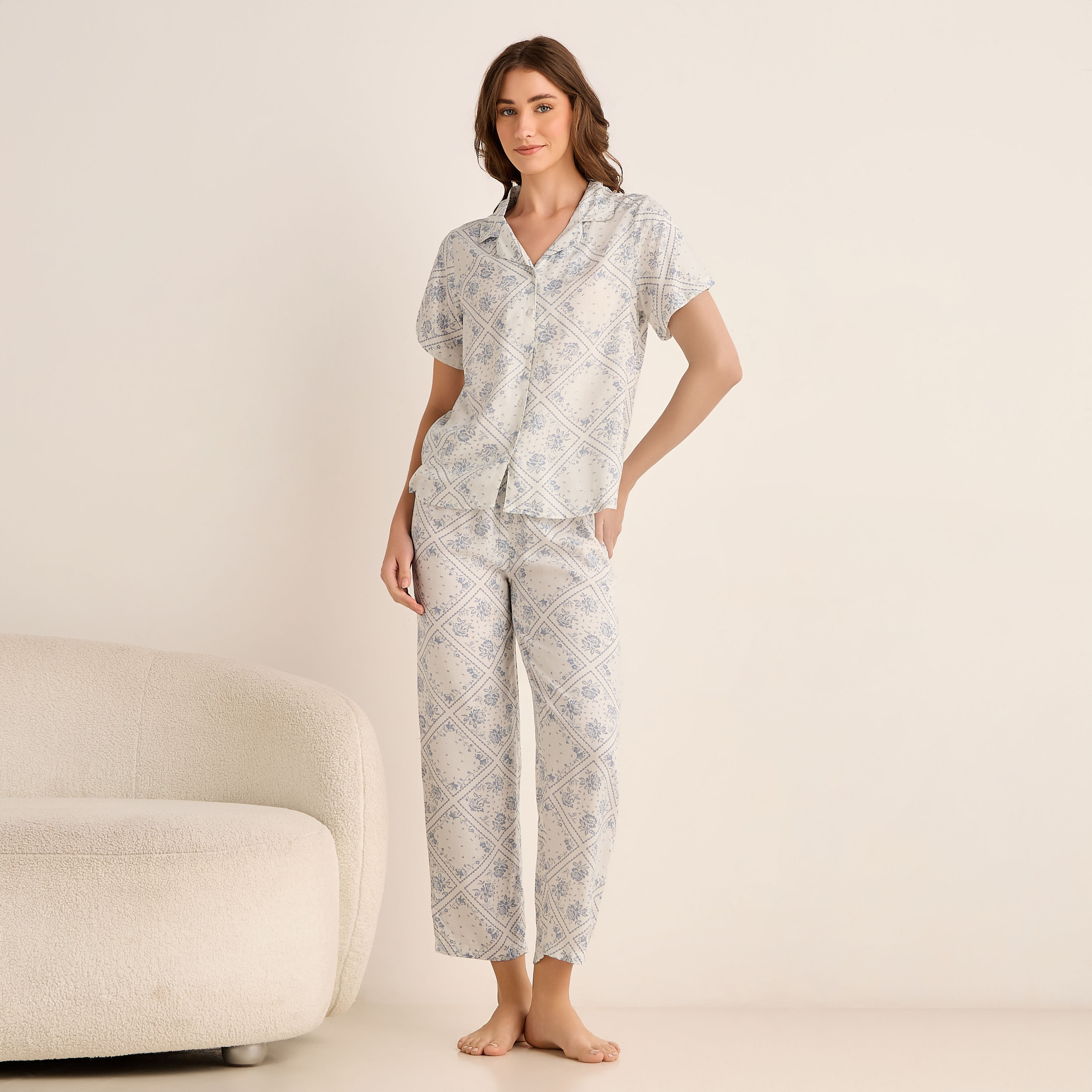 Floral Print Pyjama Set Button-Down Shirt and Pants with Eye Mask-women-clothing-nightwear-pyjamas-longsets-image-2
