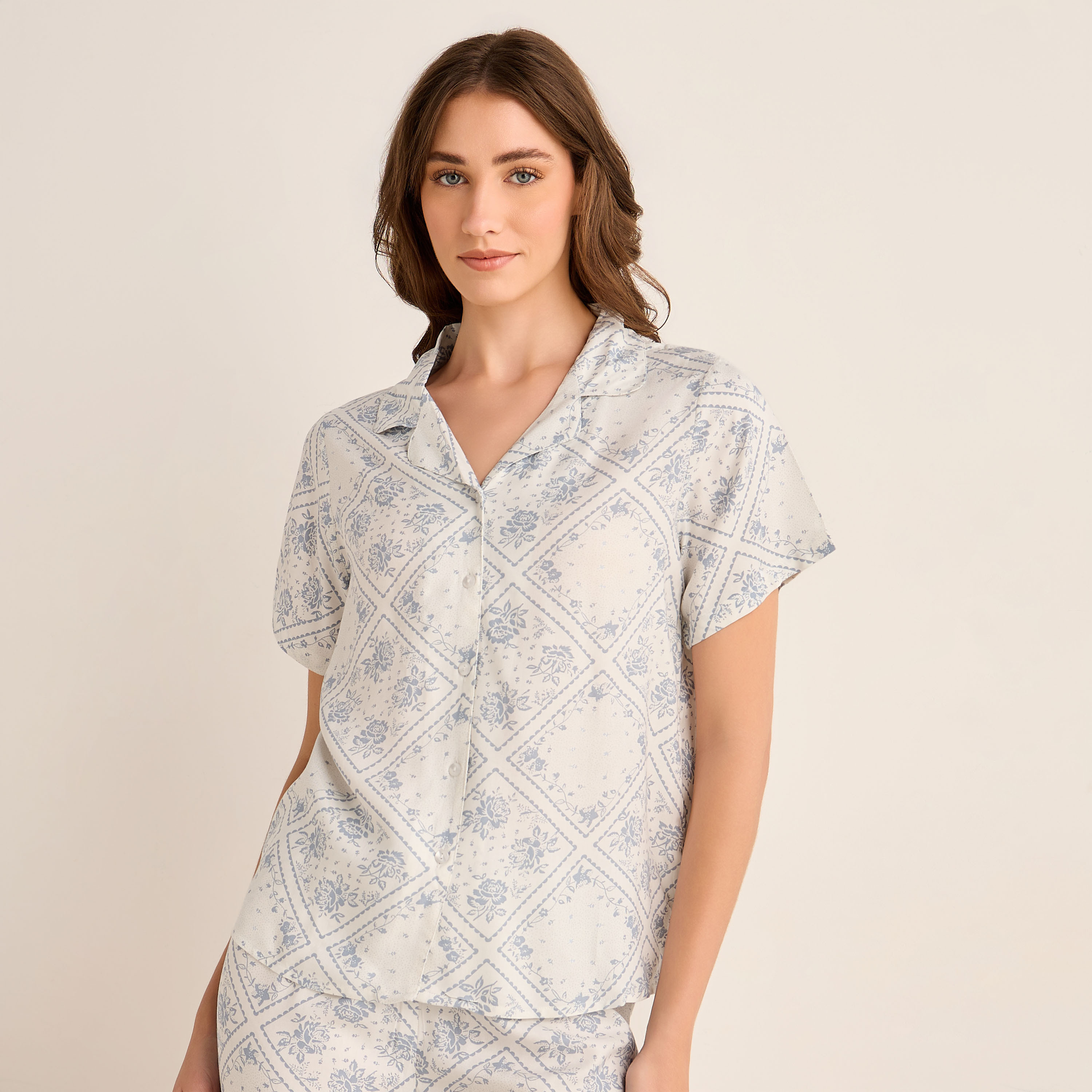 Floral Print Pyjama Set Button-Down Shirt and Pants with Eye Mask-women-clothing-nightwear-pyjamas-longsets-image-3