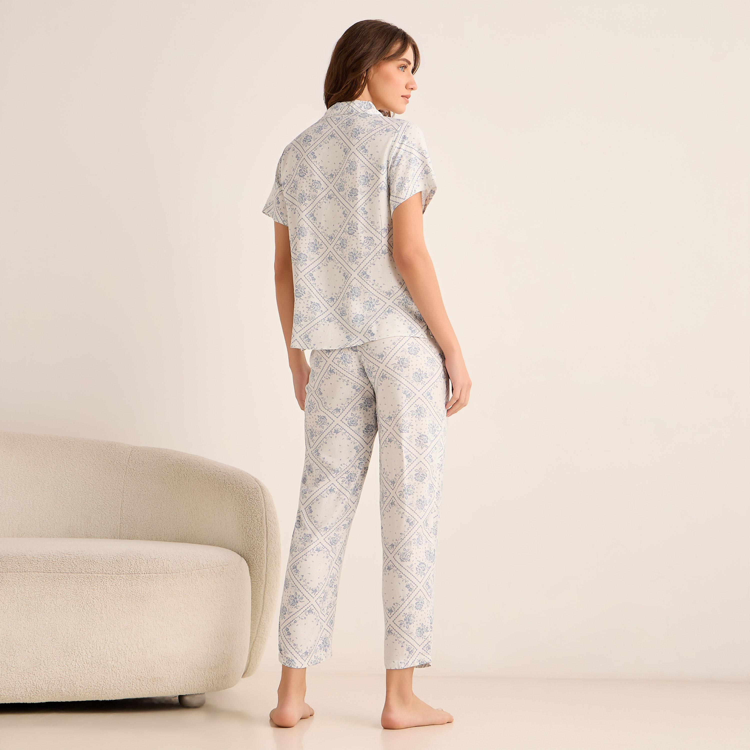 Floral Print Pyjama Set Button-Down Shirt and Pants with Eye Mask-women-clothing-nightwear-pyjamas-longsets-image-4