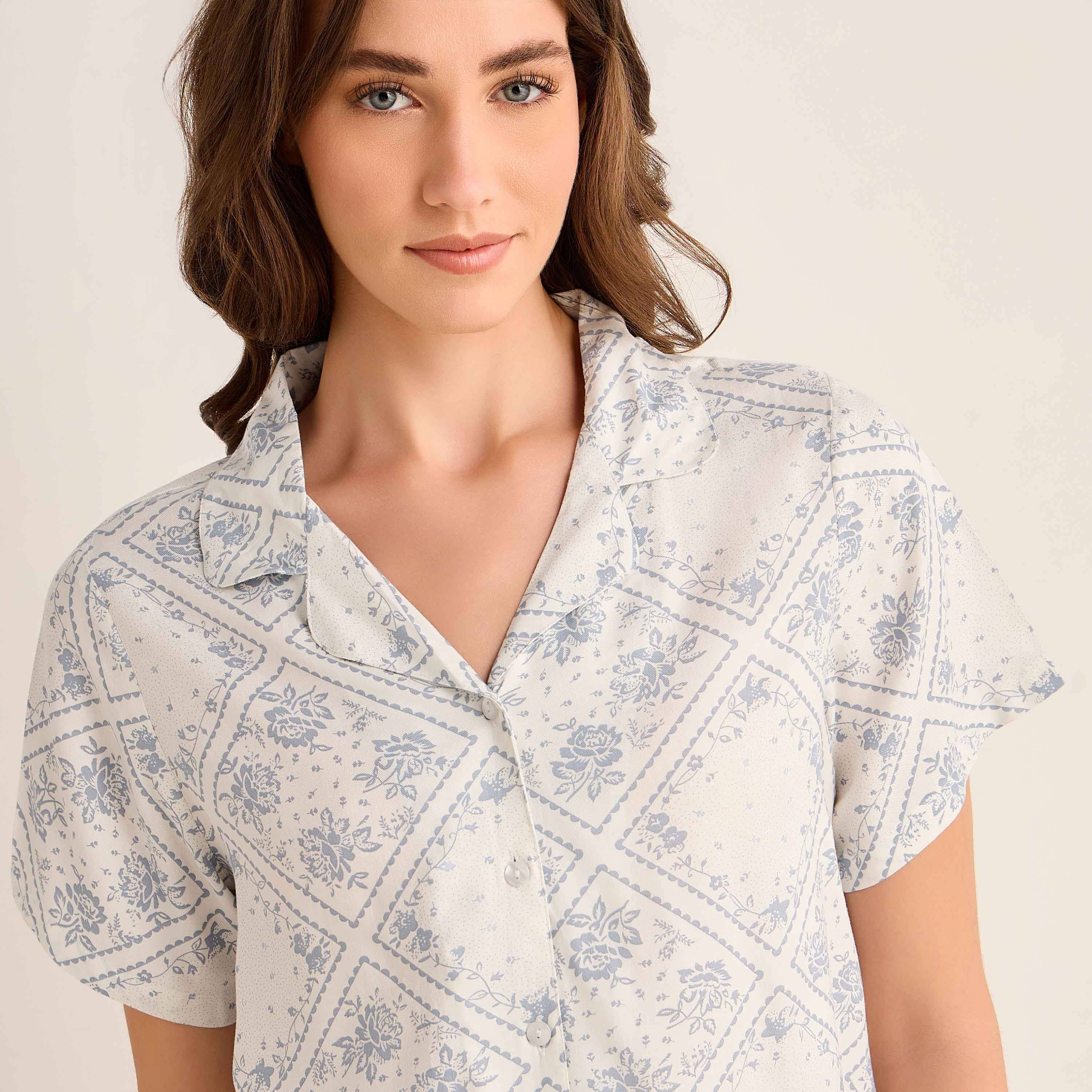 Floral Print Pyjama Set Button-Down Shirt and Pants with Eye Mask-women-clothing-nightwear-pyjamas-longsets-image-6