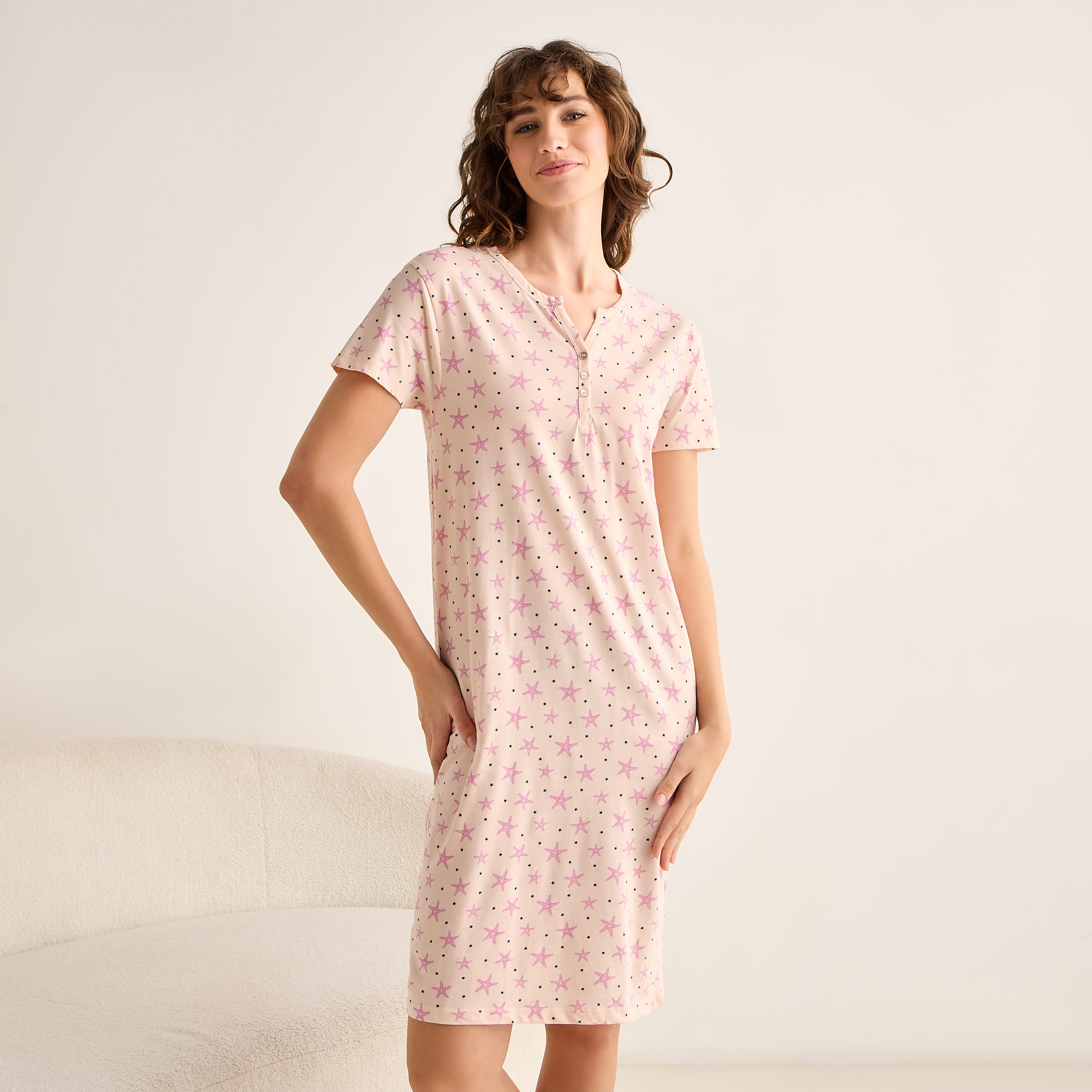 Knee Length Printed Cotton Night Dress with Short Sleeves-women-clothing-nightwear-nighties-image-2