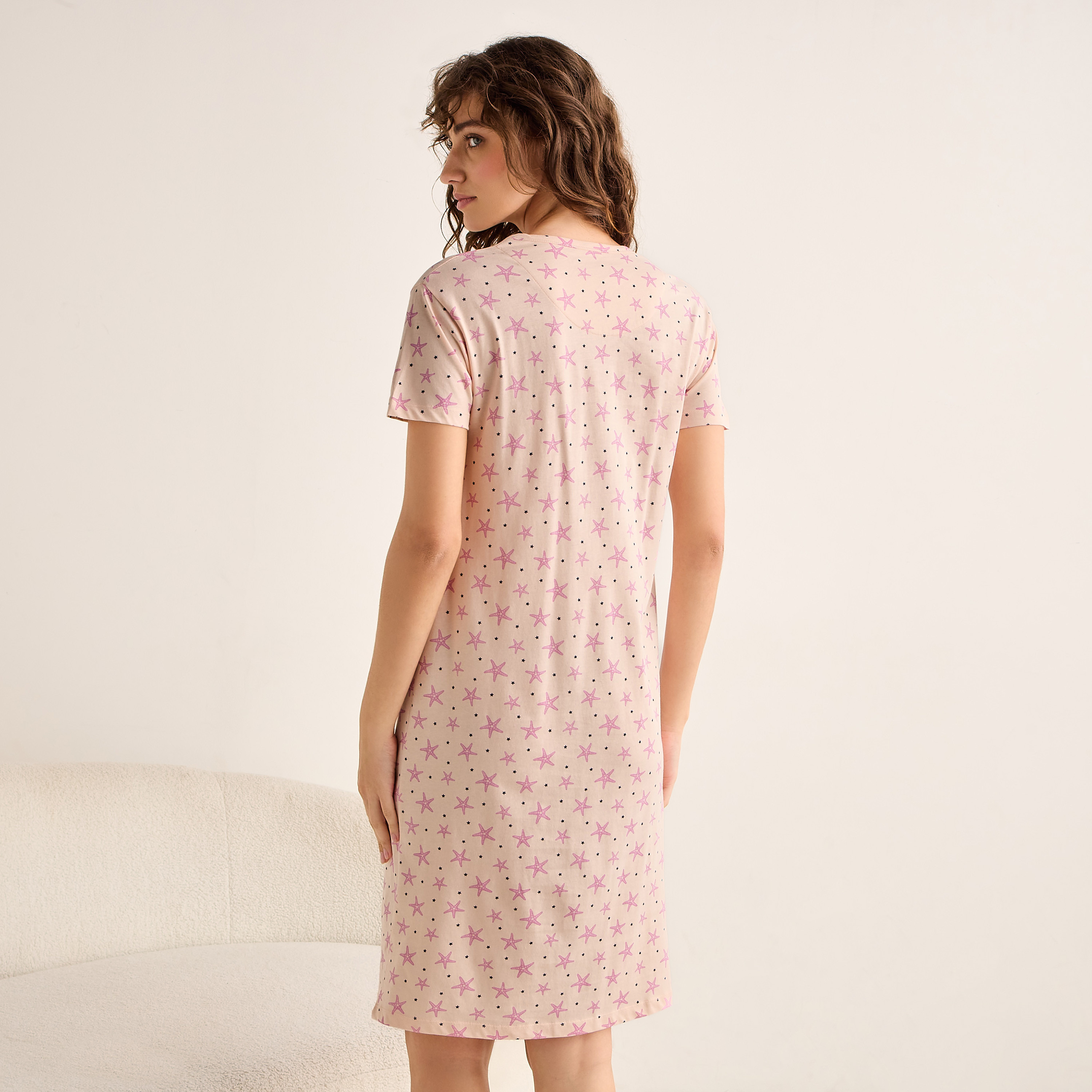 Knee Length Printed Cotton Night Dress with Short Sleeves-women-clothing-nightwear-nighties-image-3