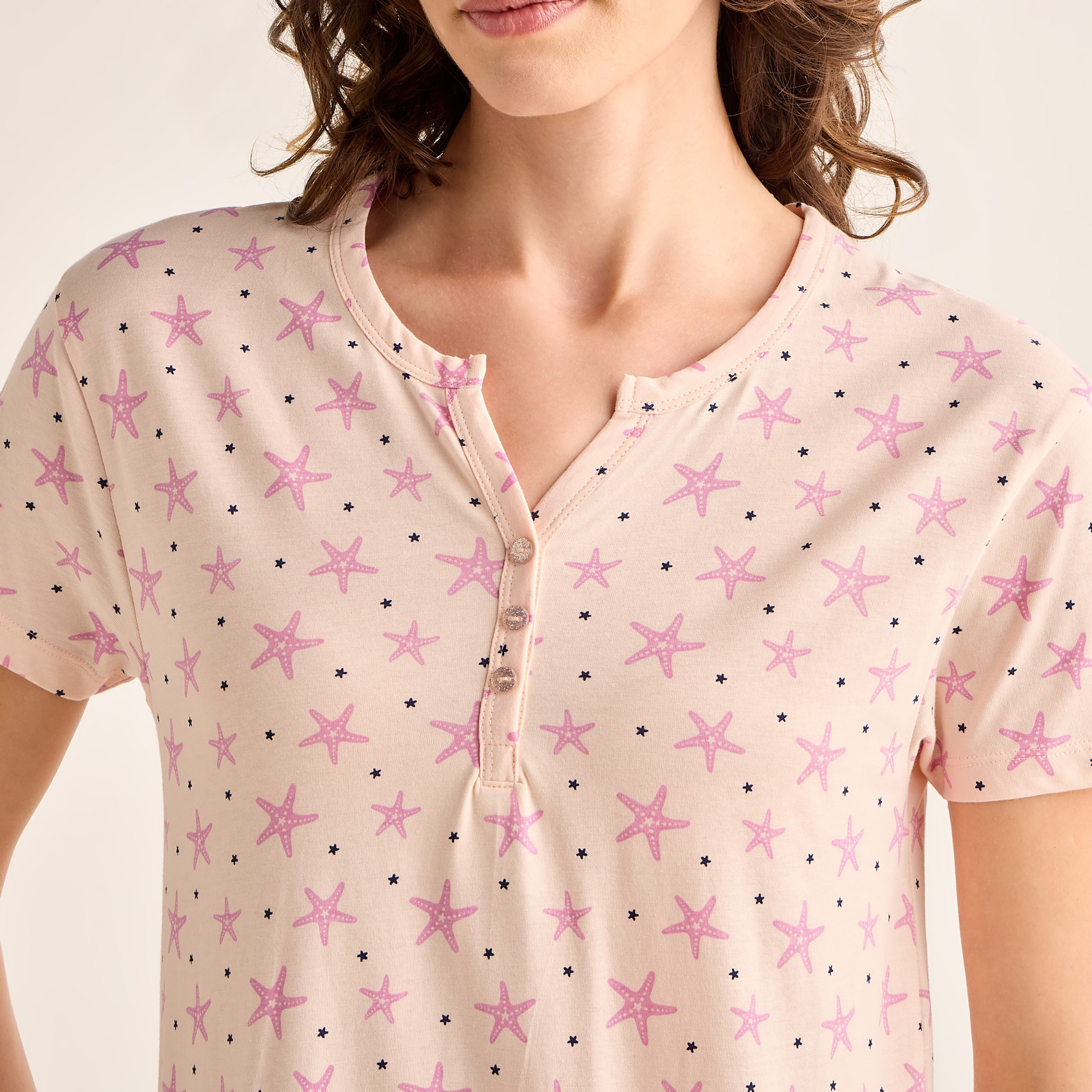 Knee Length Printed Cotton Night Dress with Short Sleeves-women-clothing-nightwear-nighties-image-4