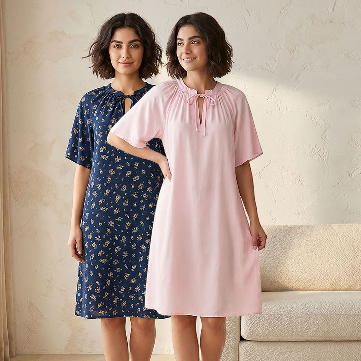 طقم من 2 - قميص نوم قطن بأكمام قصيرة وأربطة-women-clothing-nightwear-nighties-image-1