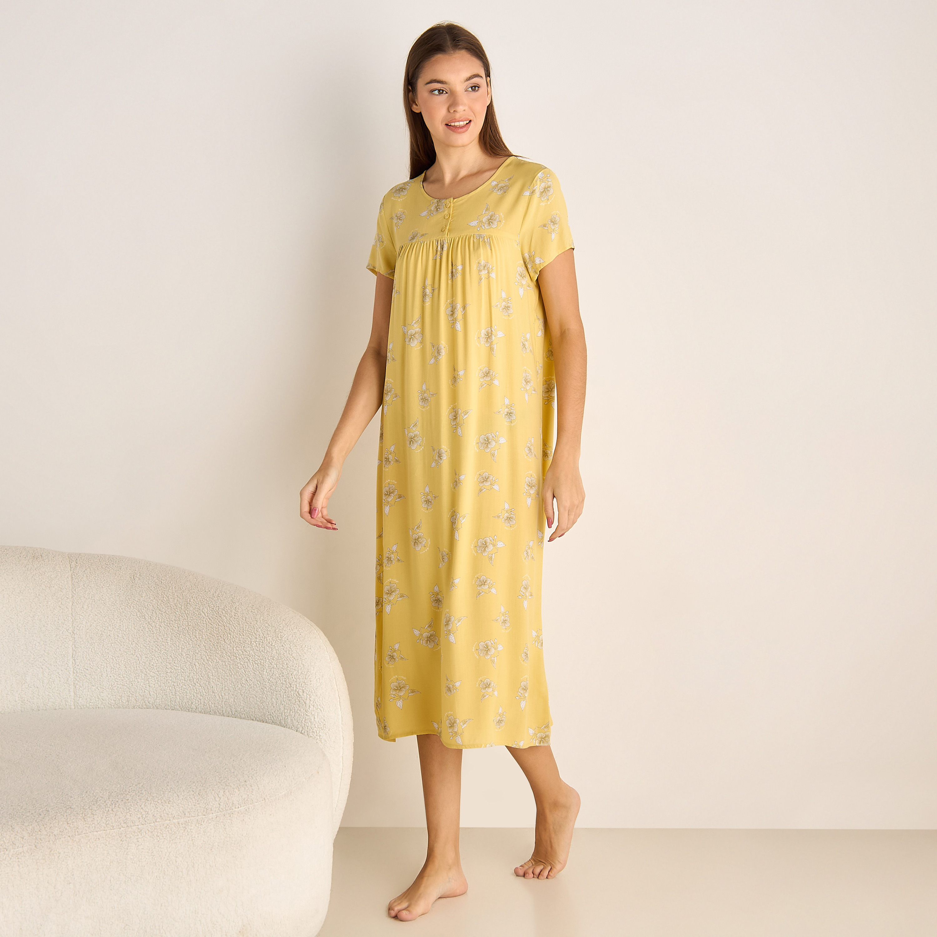 Midi Night Dress Short Sleeves Floral Print Viscose-women-clothing-nightwear-nighties-image-2