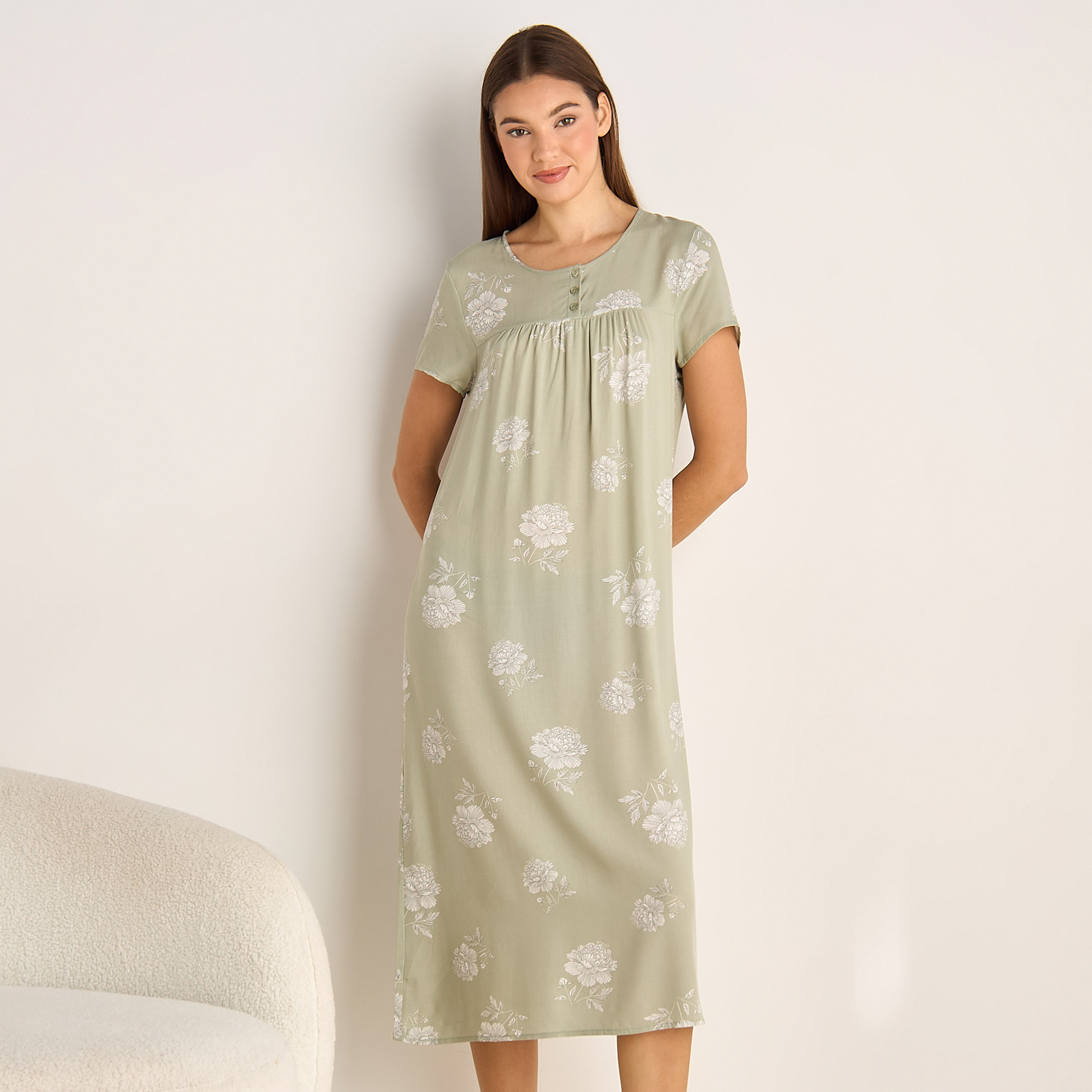 Midi Night Dress Short Sleeves Floral Print Viscose-women-clothing-nightwear-nighties-image-1