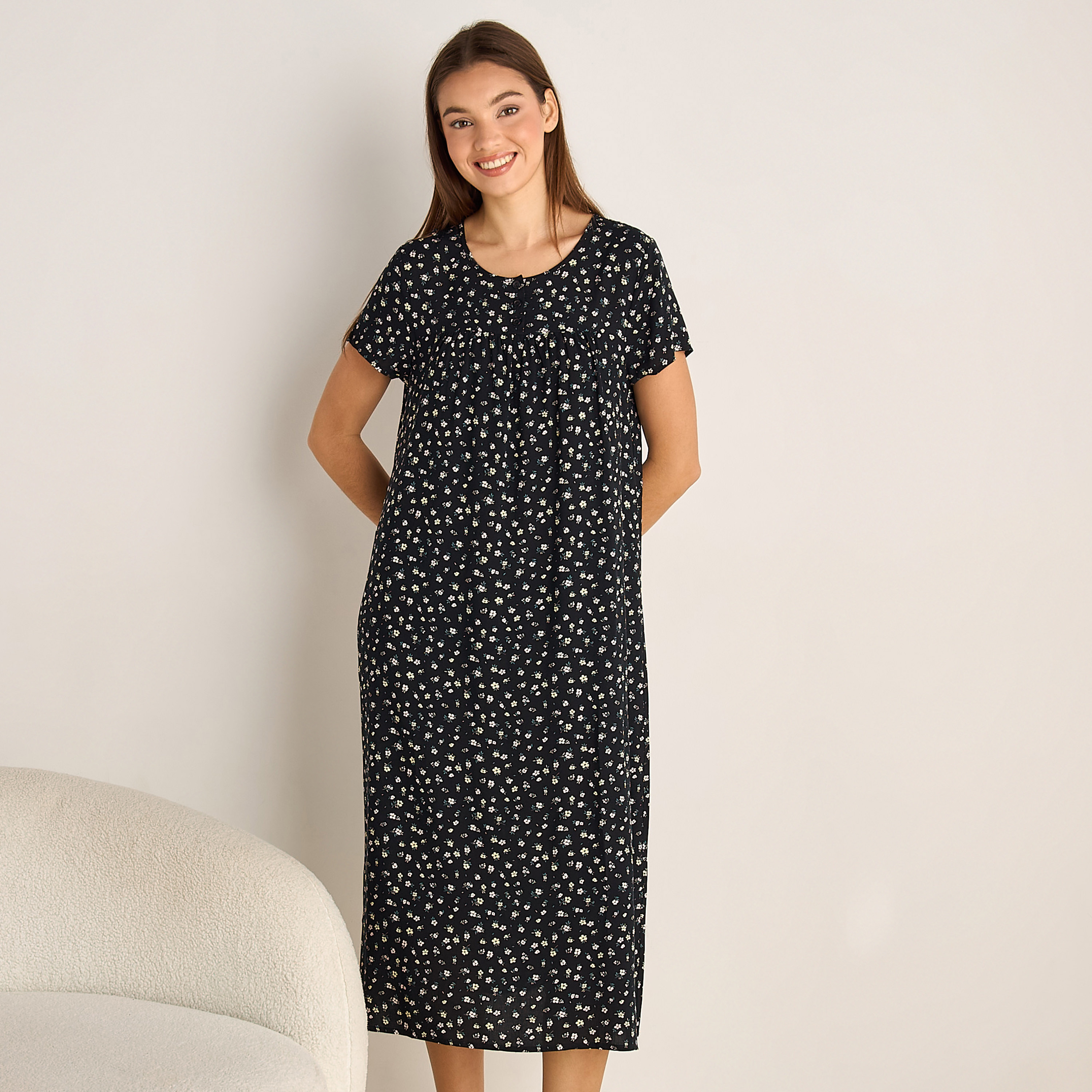 Midi Night Dress Short Sleeves Floral Print Viscose-women-clothing-nightwear-nighties-image-1