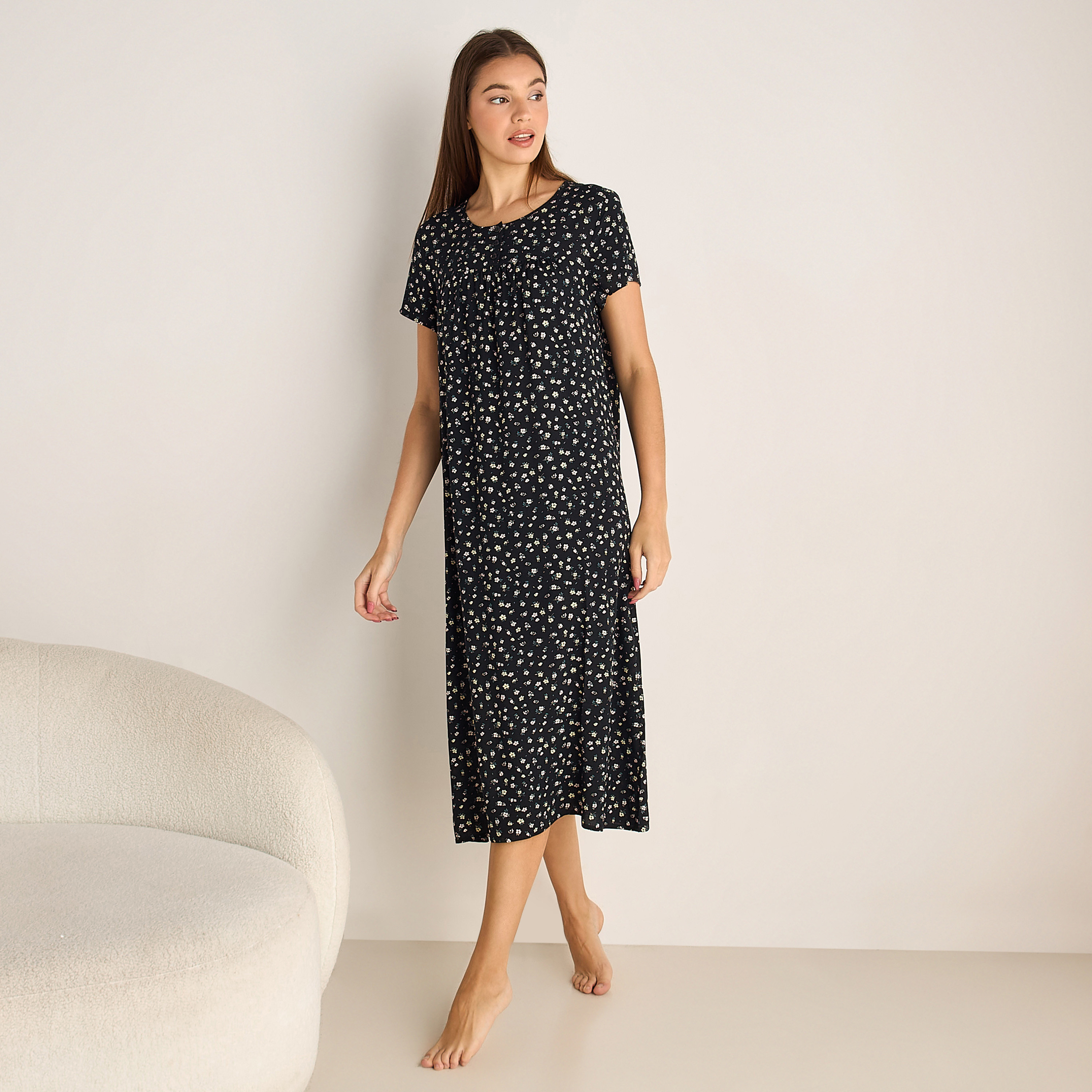 Midi Night Dress Short Sleeves Floral Print Viscose-women-clothing-nightwear-nighties-image-2