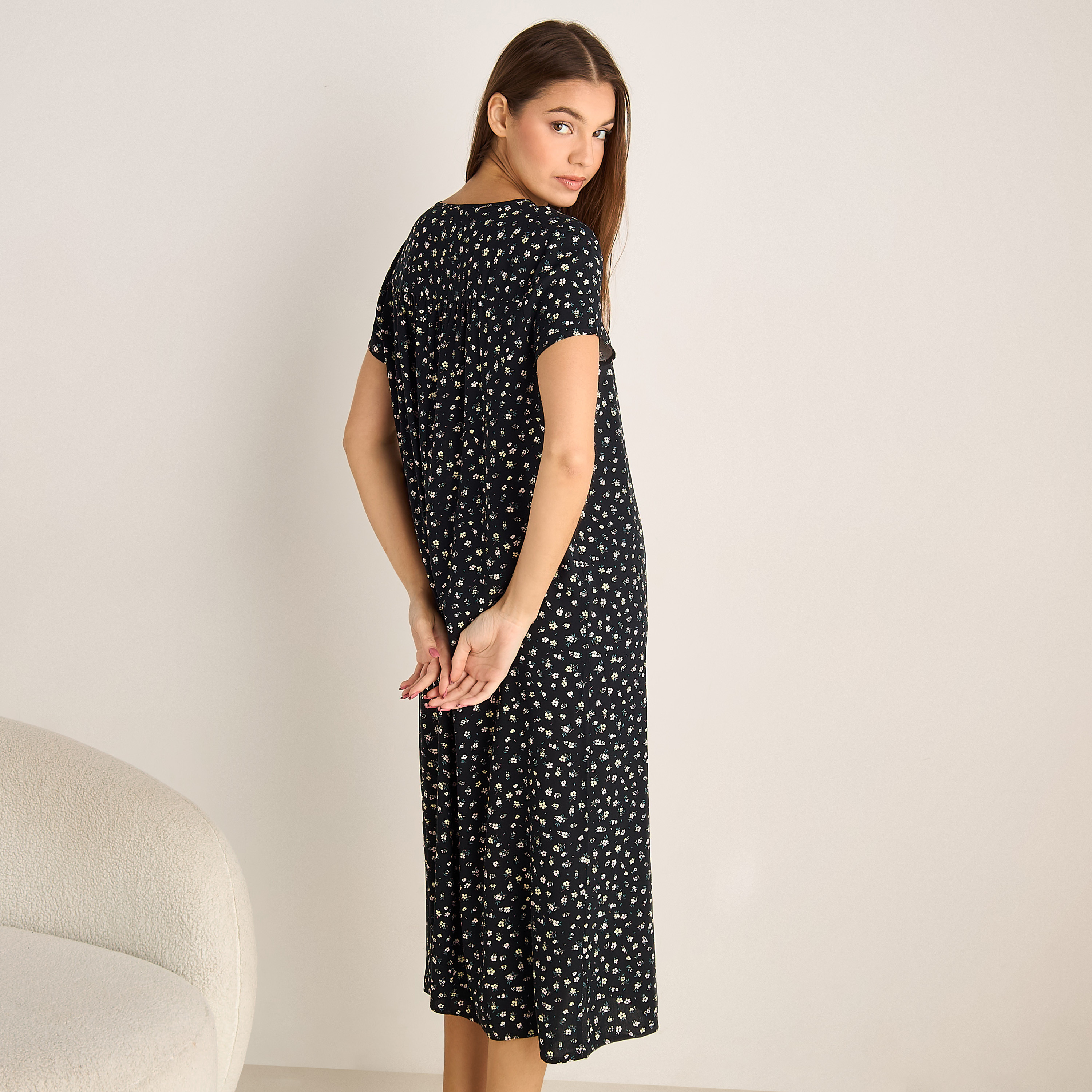 Midi Night Dress Short Sleeves Floral Print Viscose-women-clothing-nightwear-nighties-image-3