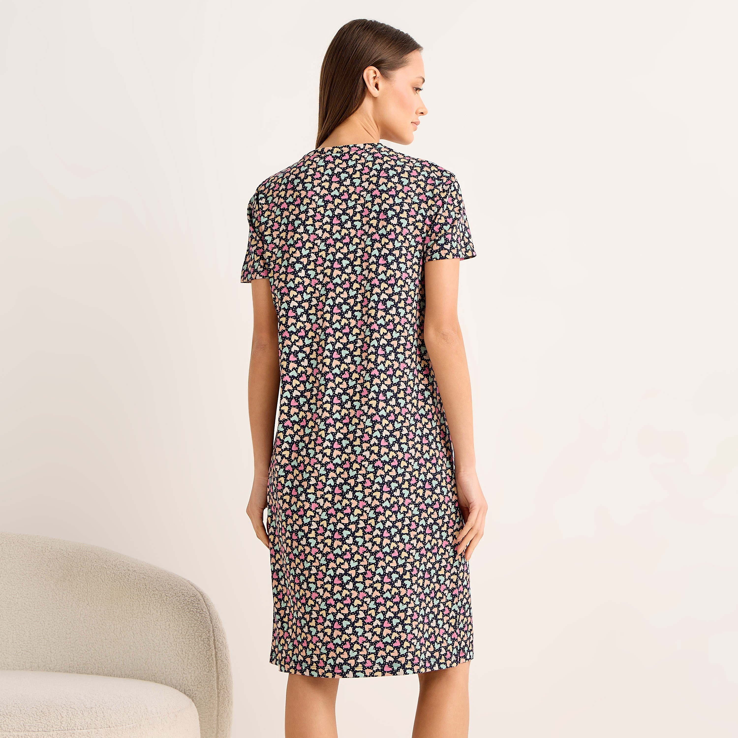 Midi Night Dress Short Sleeves Hearts Print Cotton-women-clothing-nightwear-nighties-image-3