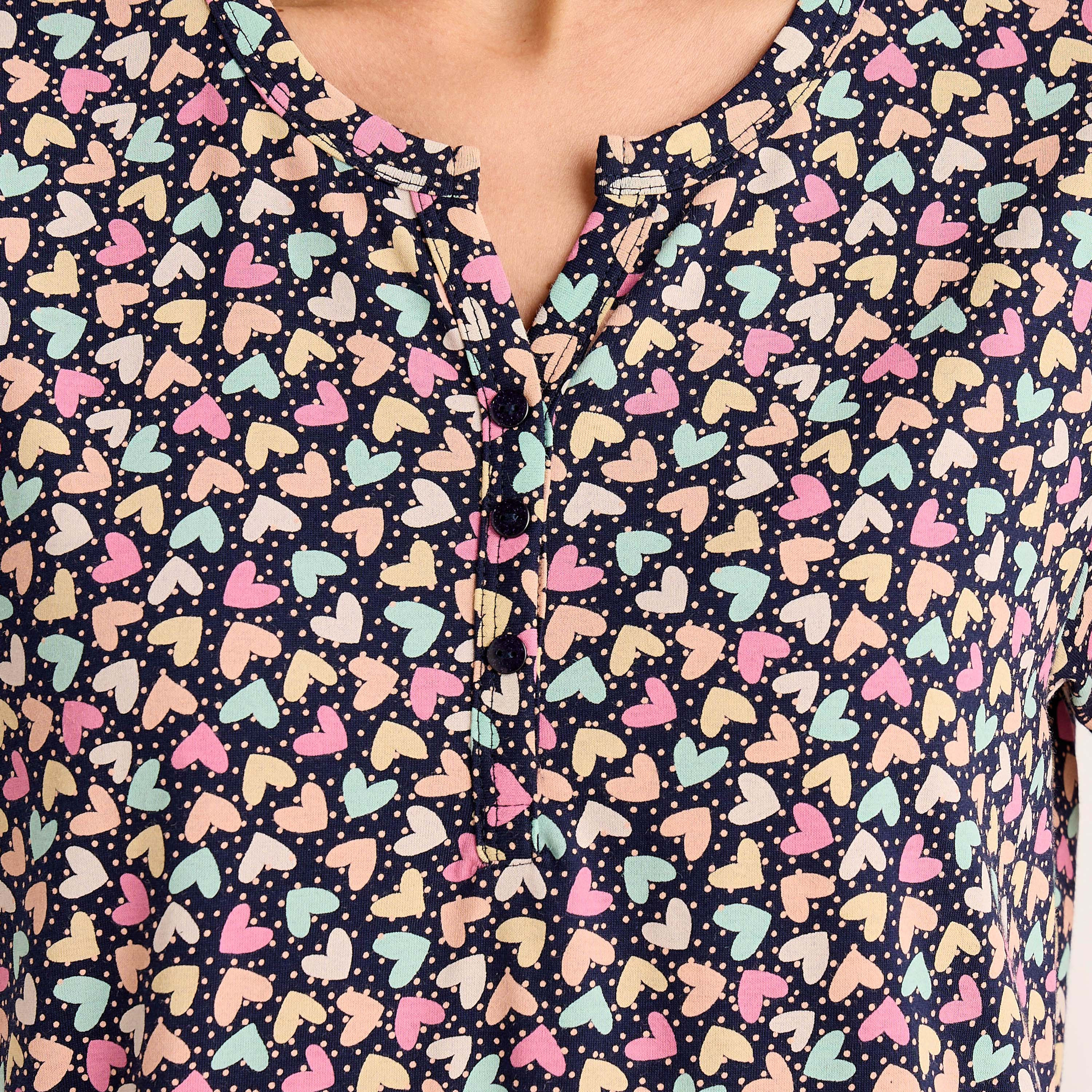Midi Night Dress Short Sleeves Hearts Print Cotton-women-clothing-nightwear-nighties-image-5