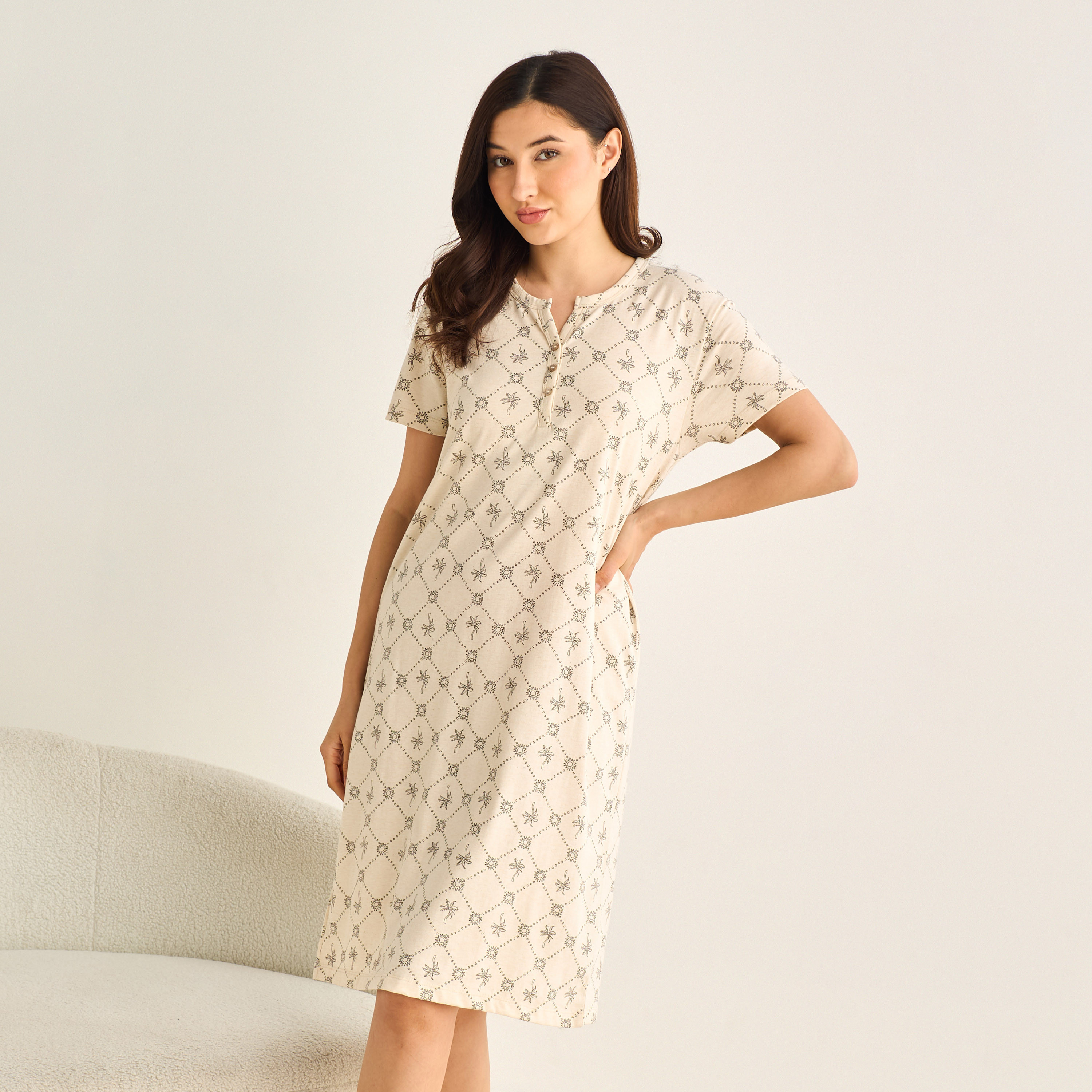 Midi Night Dress Short Sleeves Palm Tree Print Cotton-women-clothing-nightwear-nighties-image-1