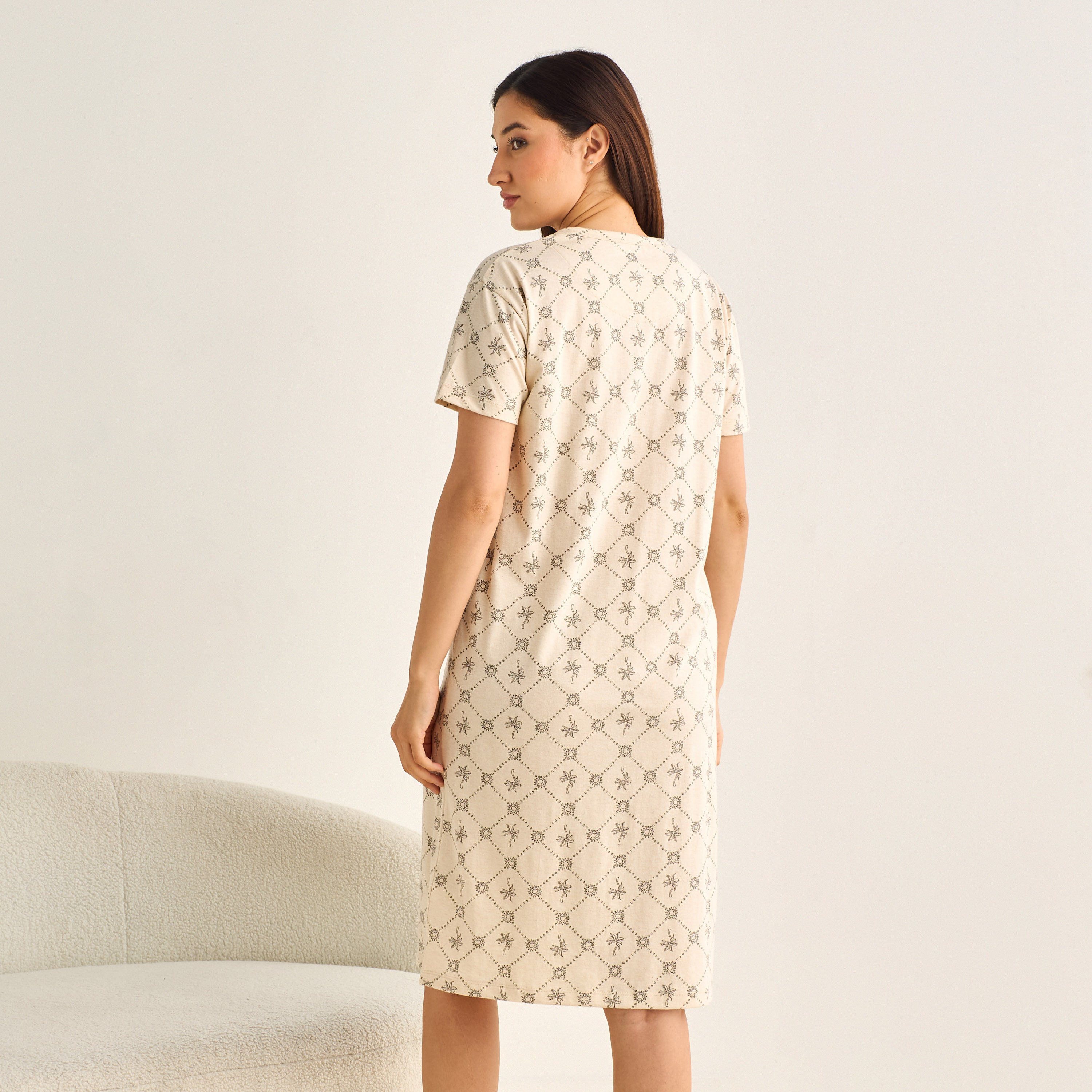 Midi Night Dress Short Sleeves Palm Tree Print Cotton-women-clothing-nightwear-nighties-image-3