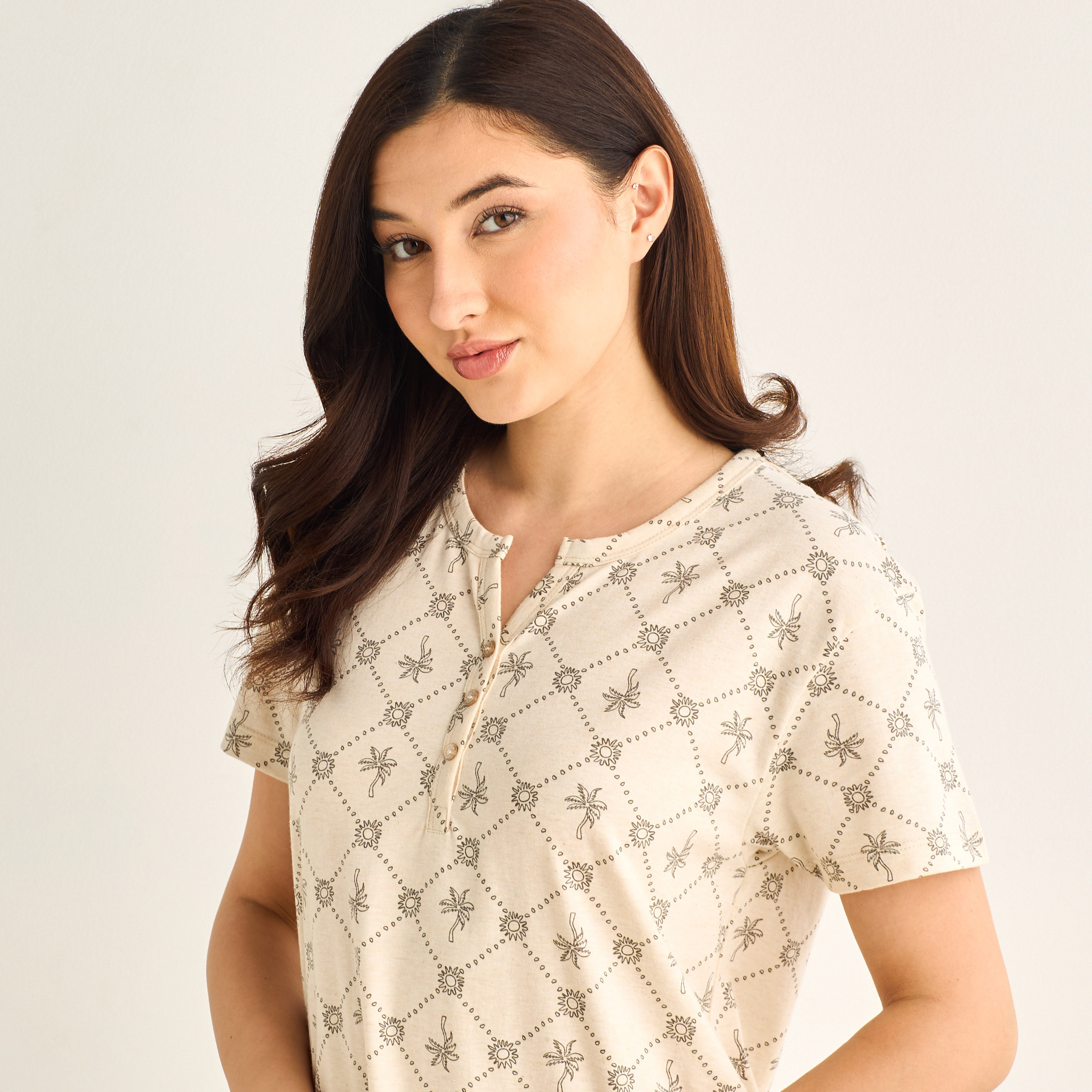 Midi Night Dress Short Sleeves Palm Tree Print Cotton-women-clothing-nightwear-nighties-image-4