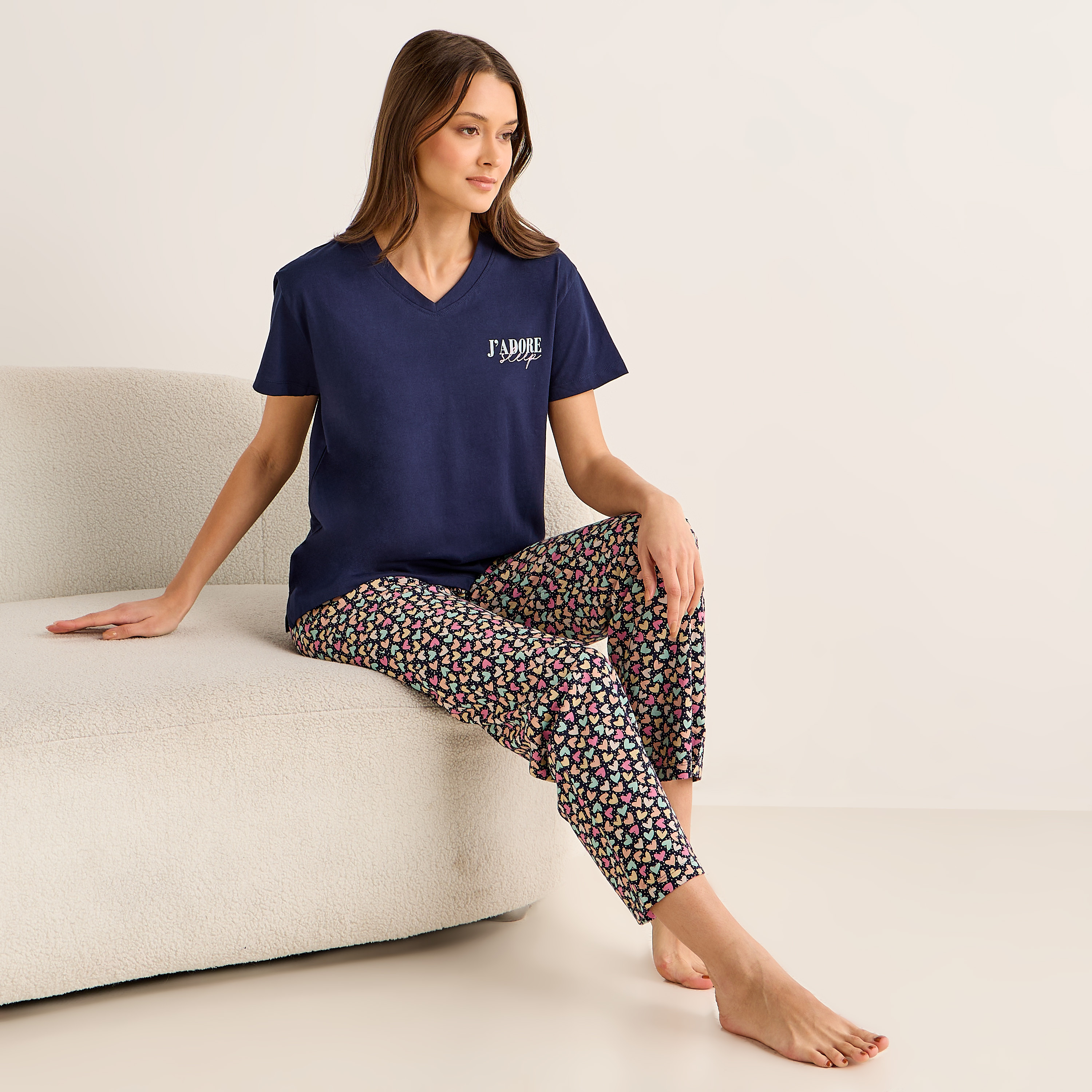 Pyjama Set V-neck T-shirt & Trousers Cotton-women-clothing-nightwear-pyjamas-longsets-image-1