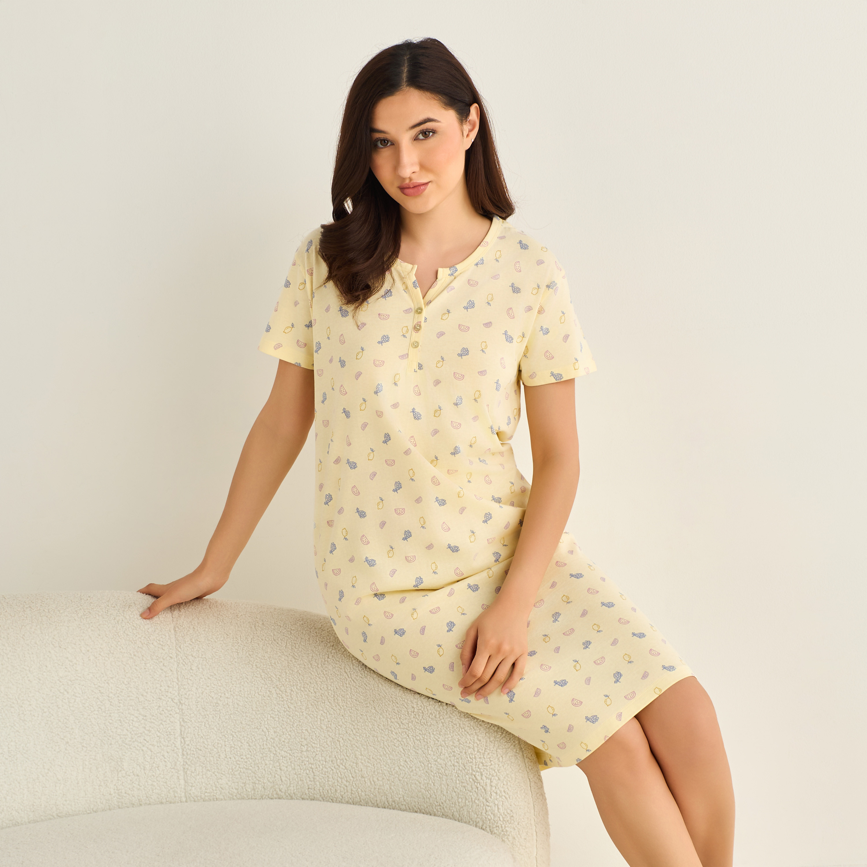 Midi Night Dress Short Sleeve Fruit Print Cotton-women-clothing-nightwear-nighties-image-1