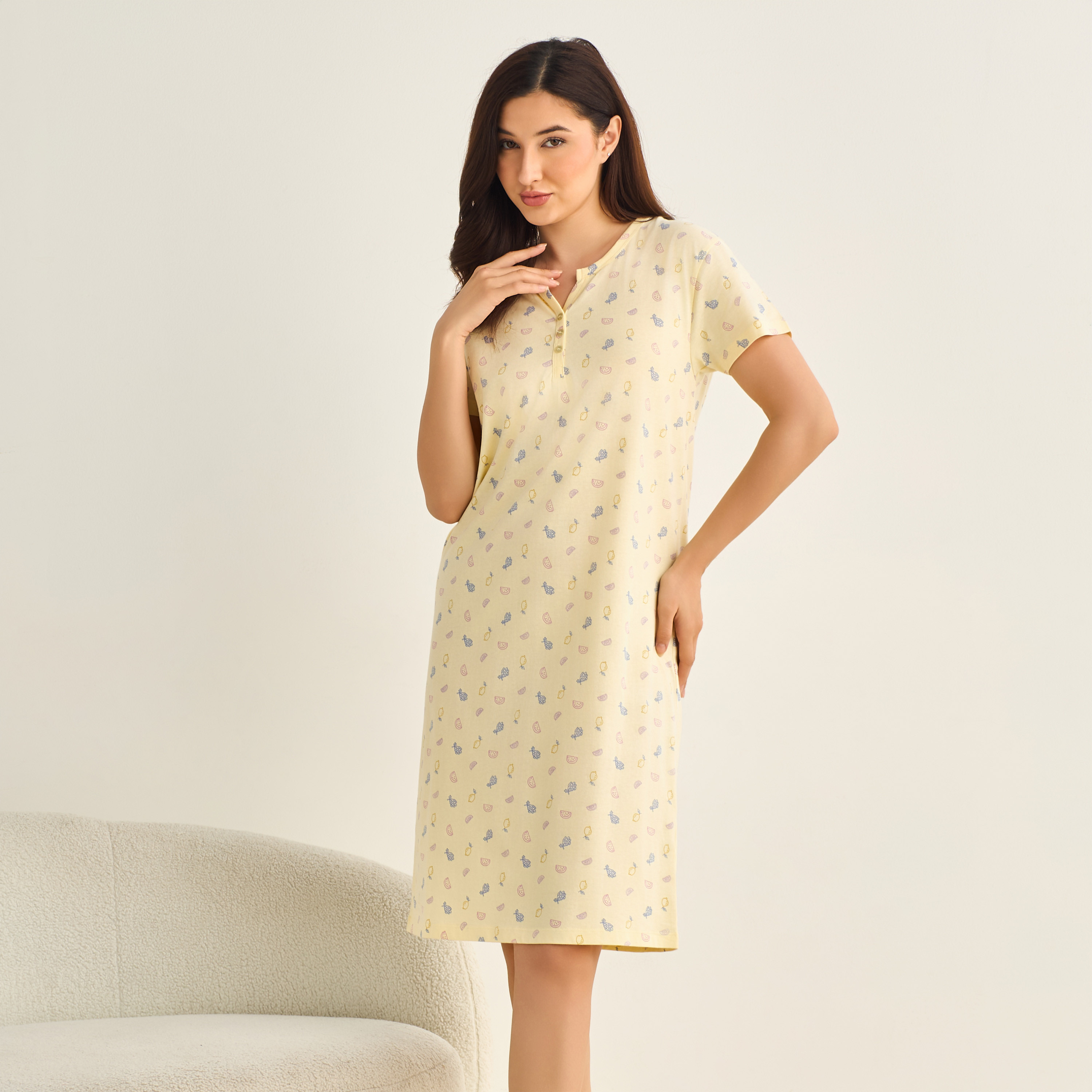 Midi Night Dress Short Sleeve Fruit Print Cotton-women-clothing-nightwear-nighties-image-2