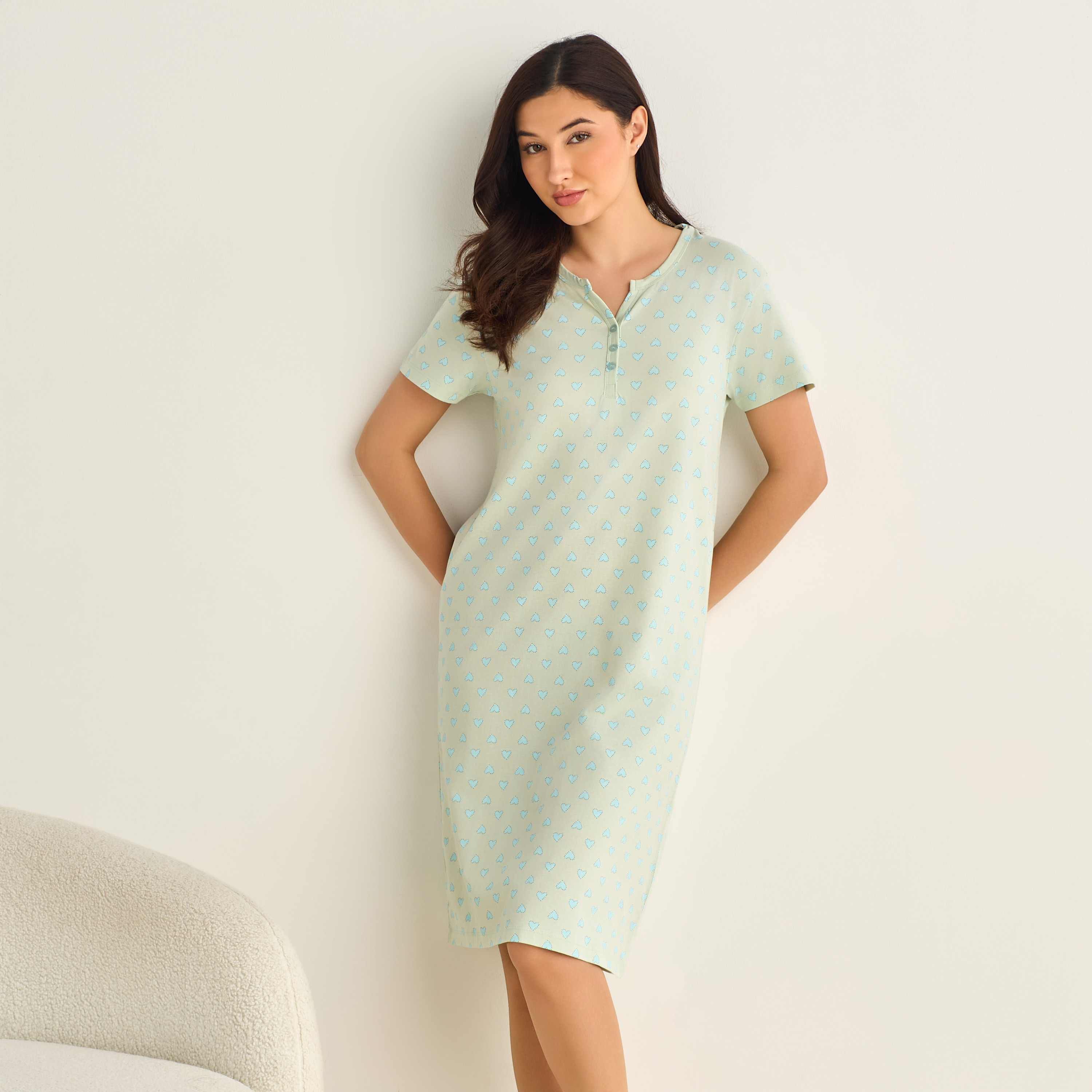 Midi Night Dress Short Sleeve Fruit Print Cotton-women-clothing-nightwear-nighties-image-1