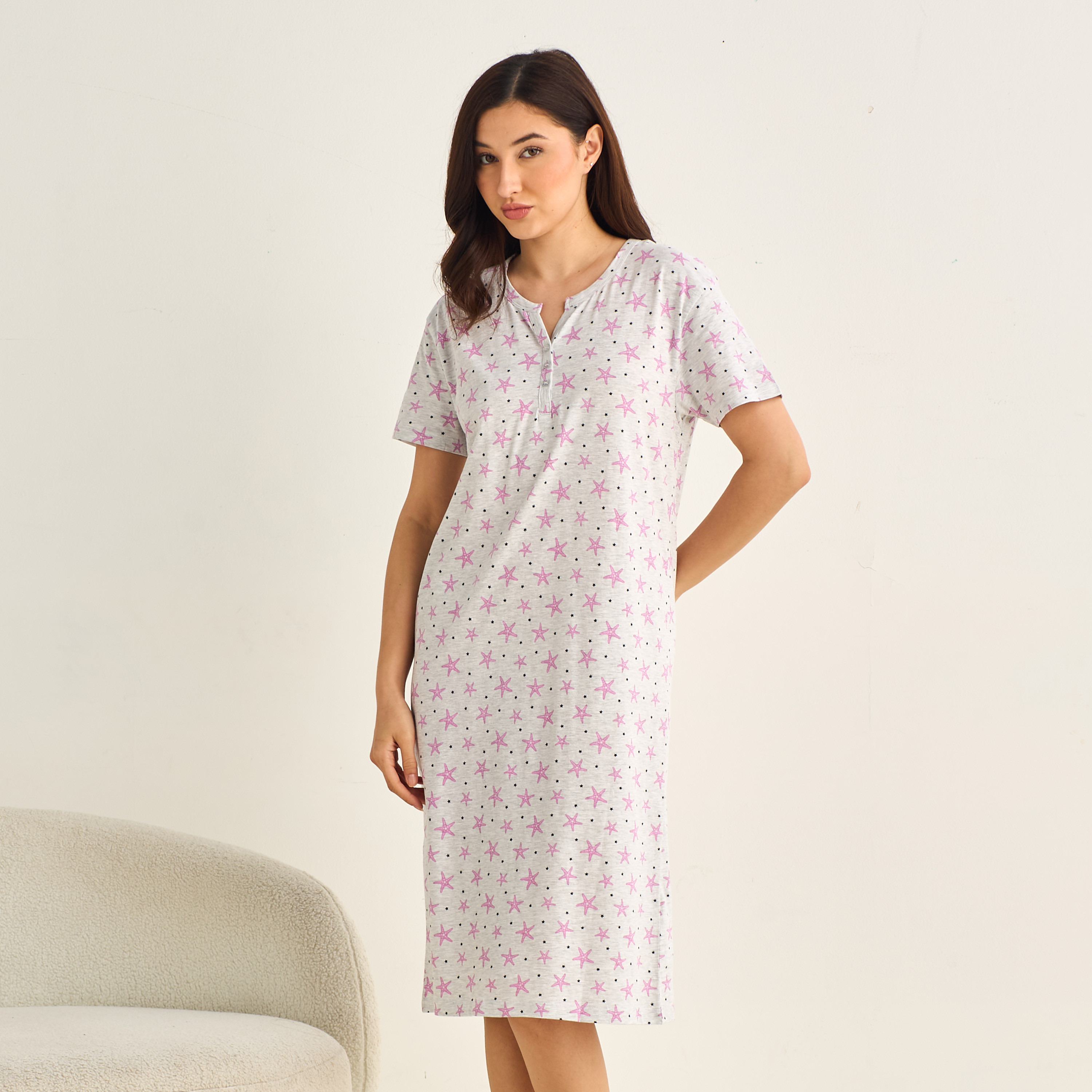 Midi Night Dress Short Sleeve Fruit Print Cotton-women-clothing-nightwear-nighties-image-1
