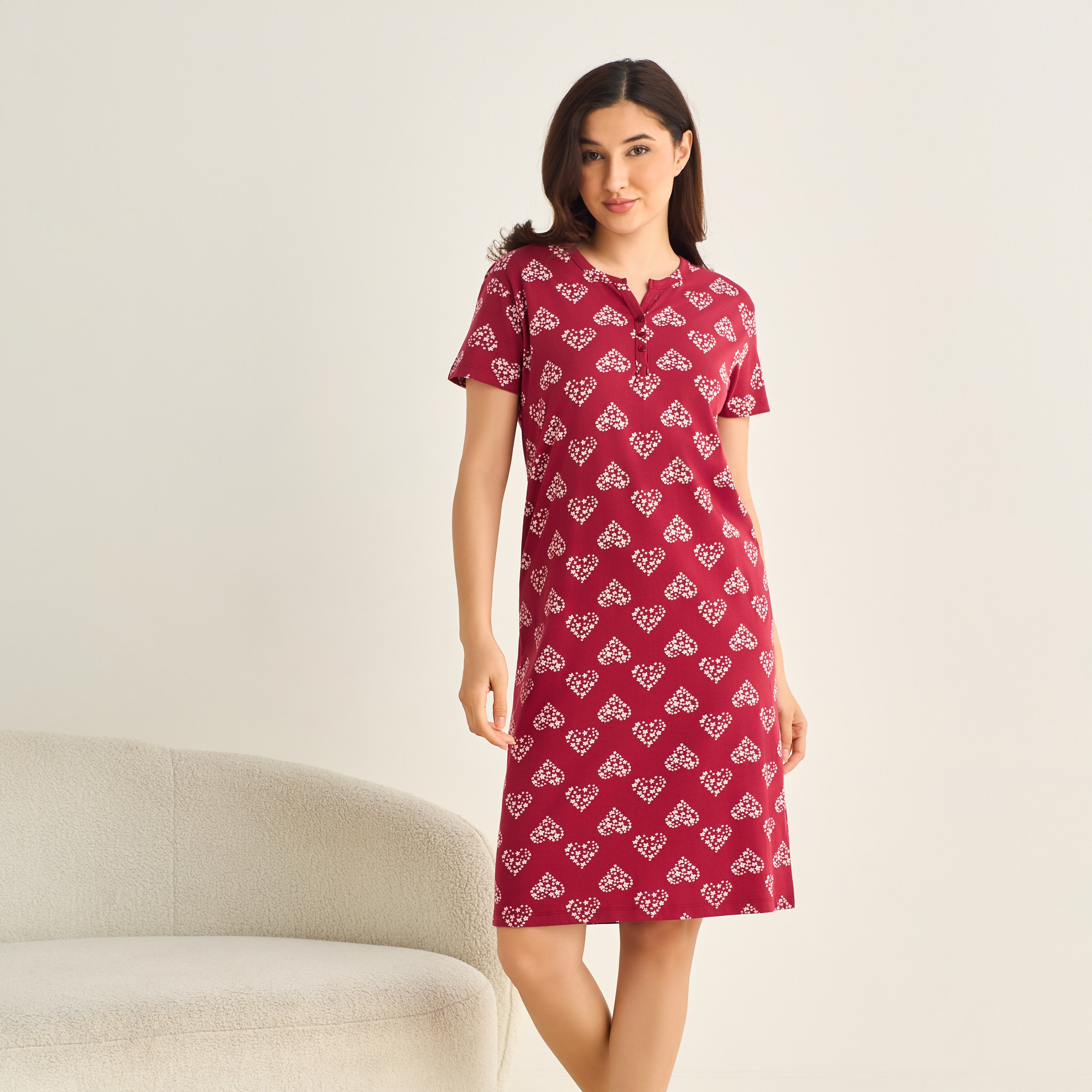 فستان نوم قطن ميدي بأكمام قصيرة وطبعات-women-clothing-nightwear-nighties-image-4