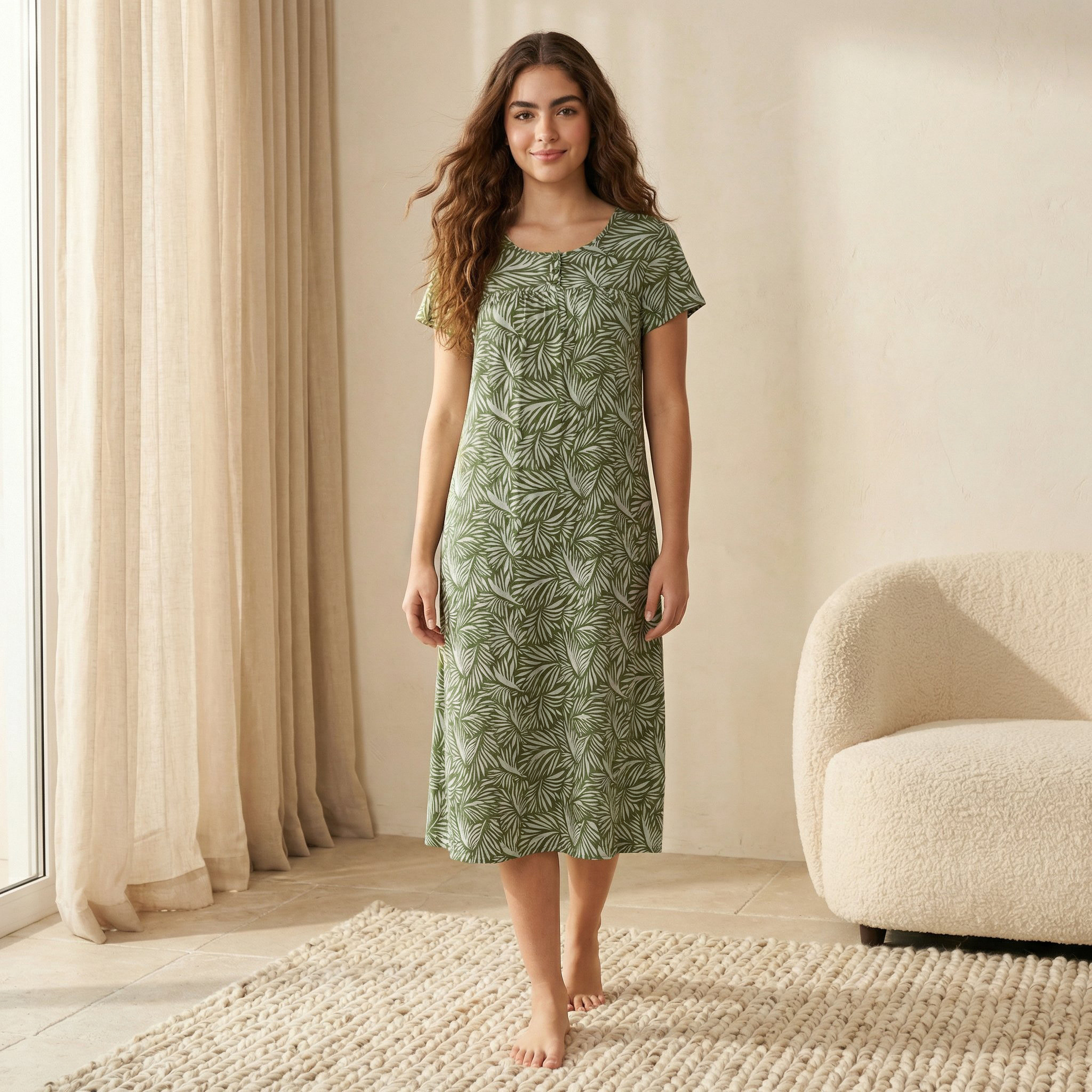 Midi Night Dress Short Sleeves Leaf Print Viscose-women-clothing-nightwear-nighties-image-1