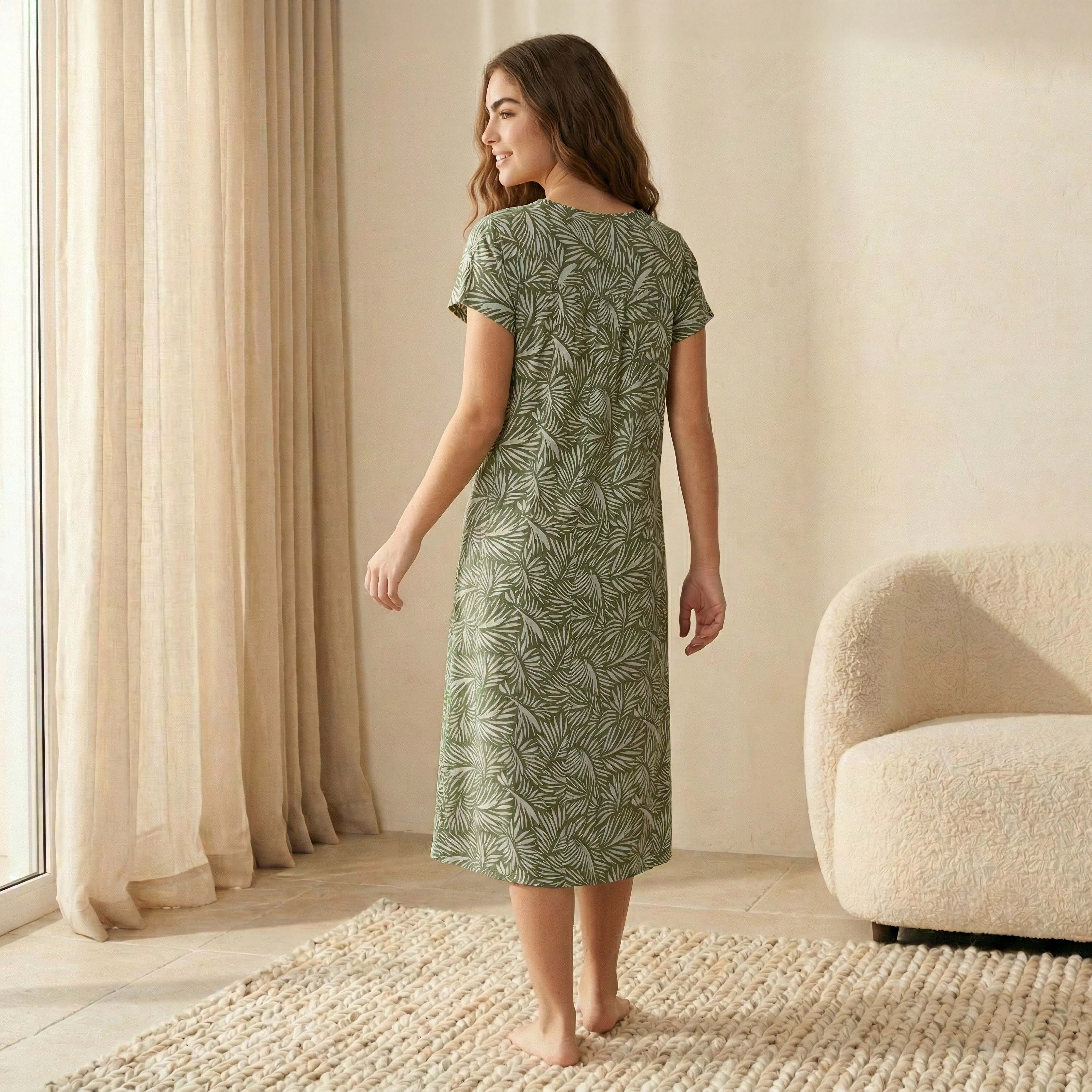 Midi Night Dress Short Sleeves Leaf Print Viscose-women-clothing-nightwear-nighties-image-4