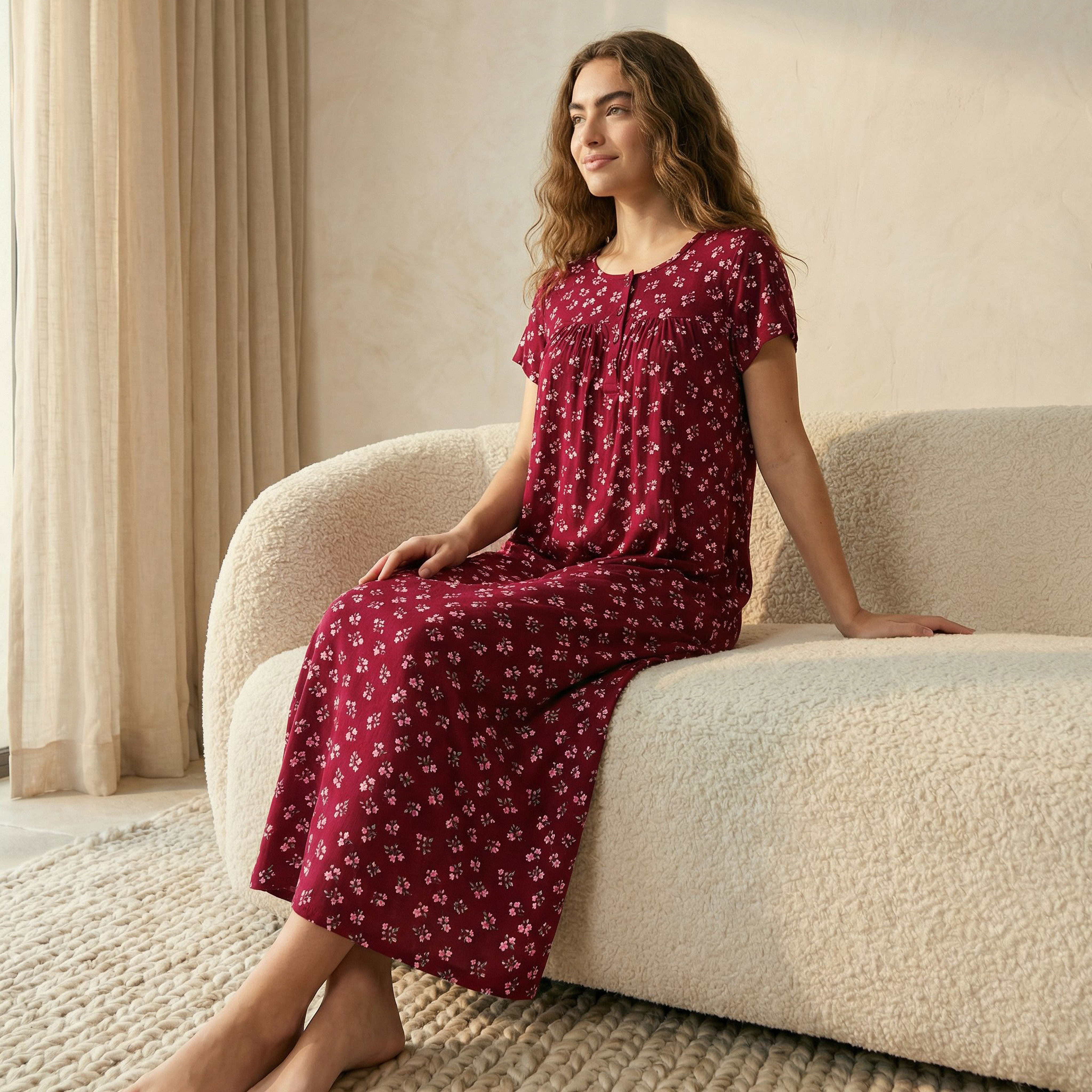 Midi Night Dress Short Sleeves Floral Print Viscose-women-clothing-nightwear-nighties-image-3