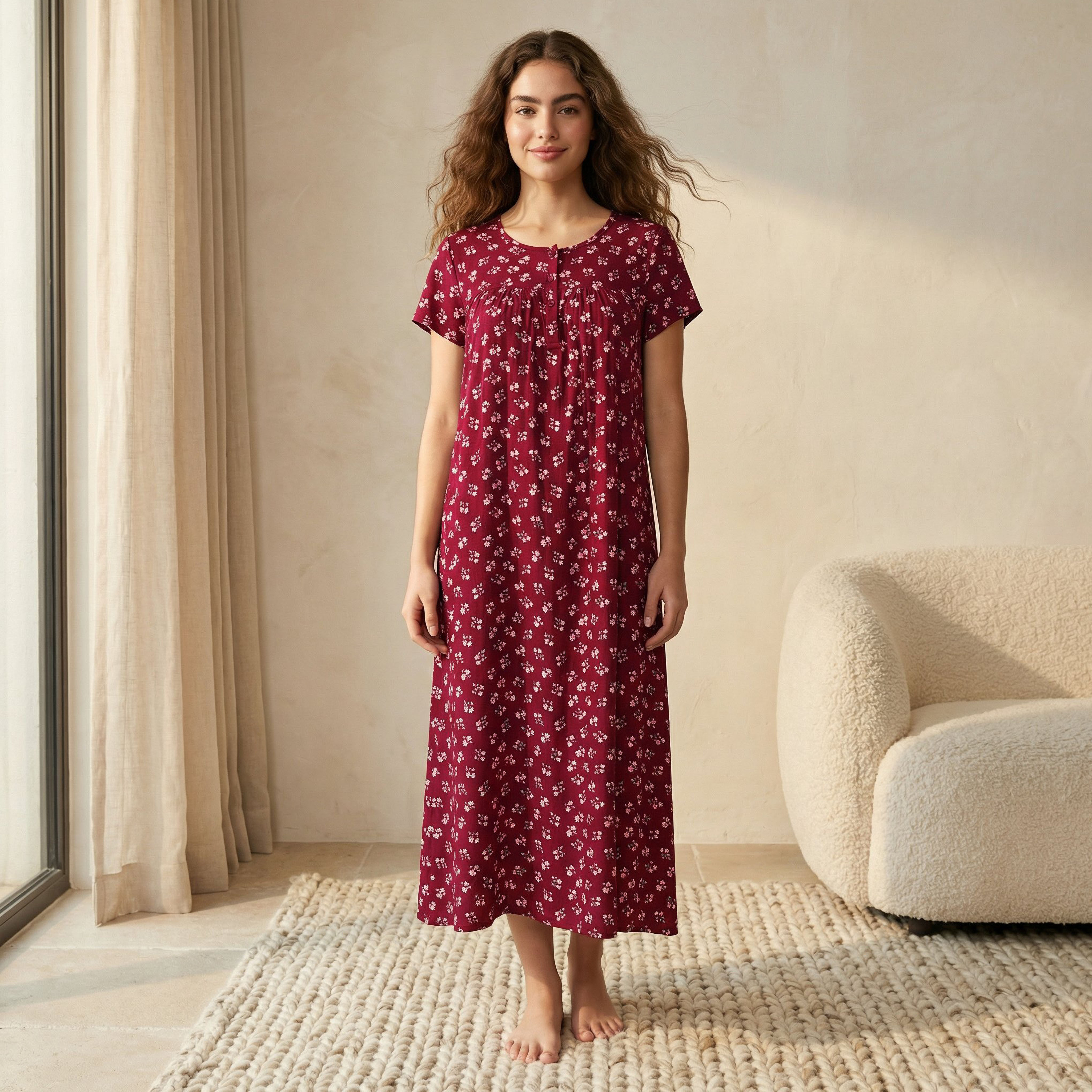 Midi Night Dress Short Sleeves Floral Print Viscose-women-clothing-nightwear-nighties-image-1
