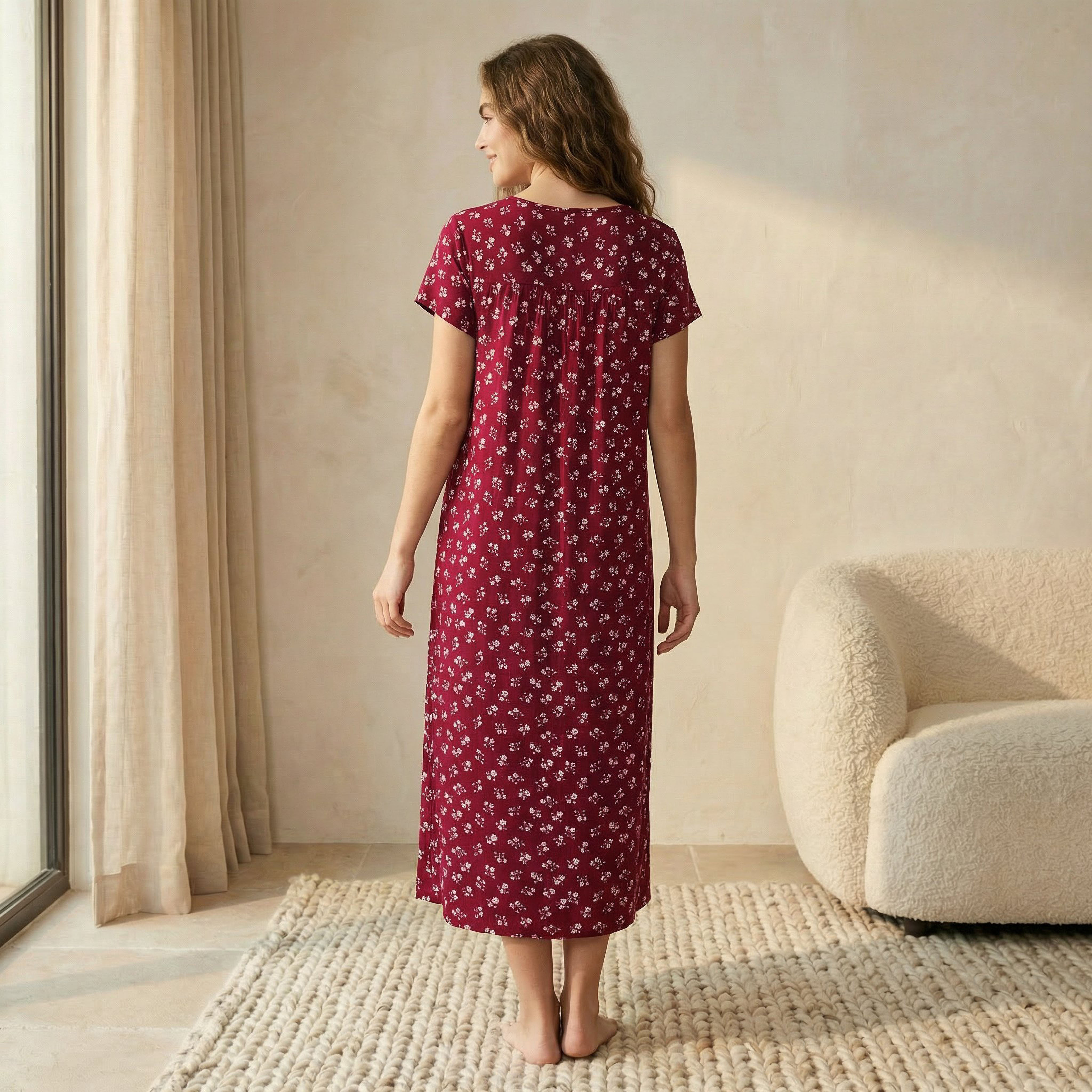 Midi Night Dress Short Sleeves Floral Print Viscose-women-clothing-nightwear-nighties-image-4