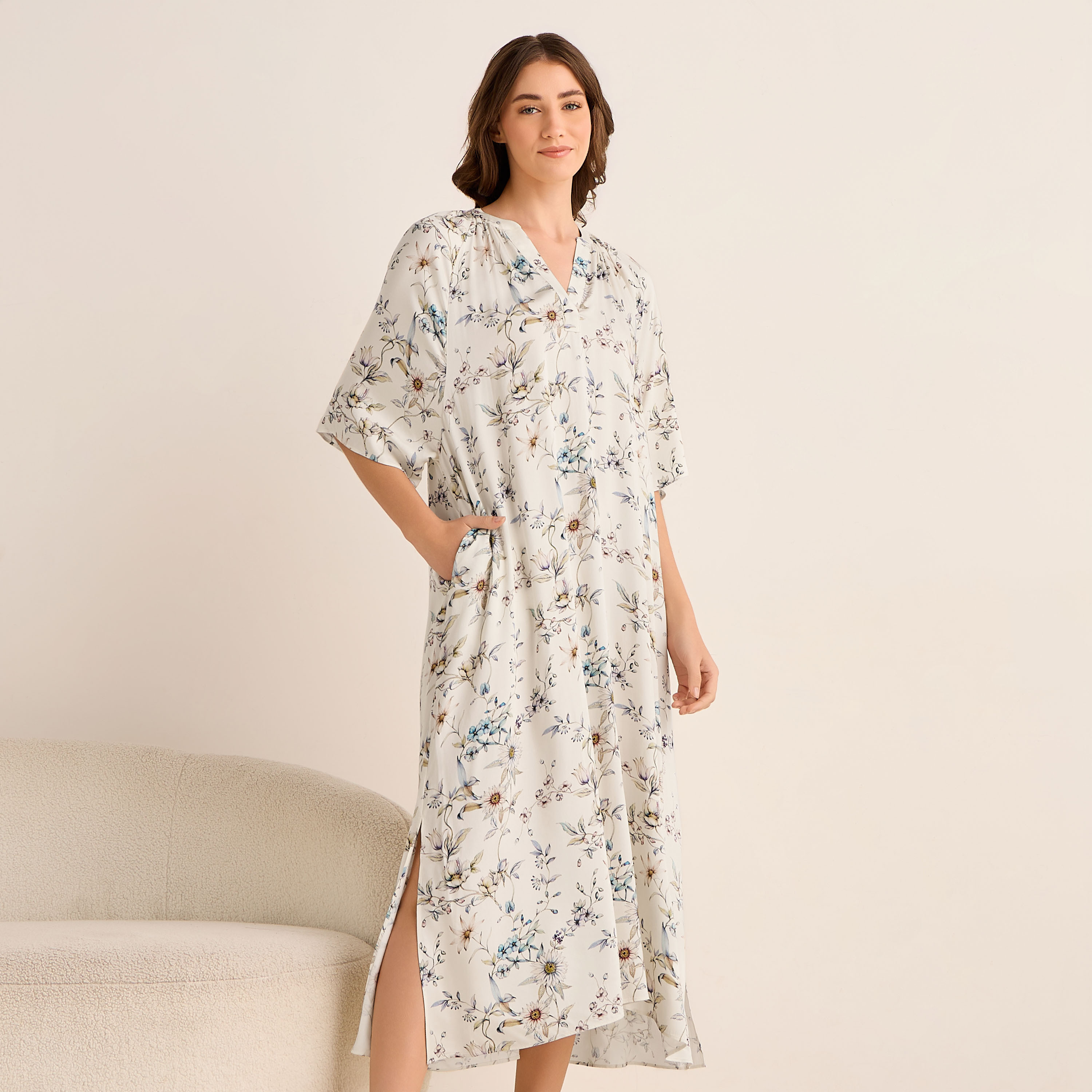 Midi Floral Print Kaftan Night Dress Modal-women-clothing-nightwear-nighties-image-1