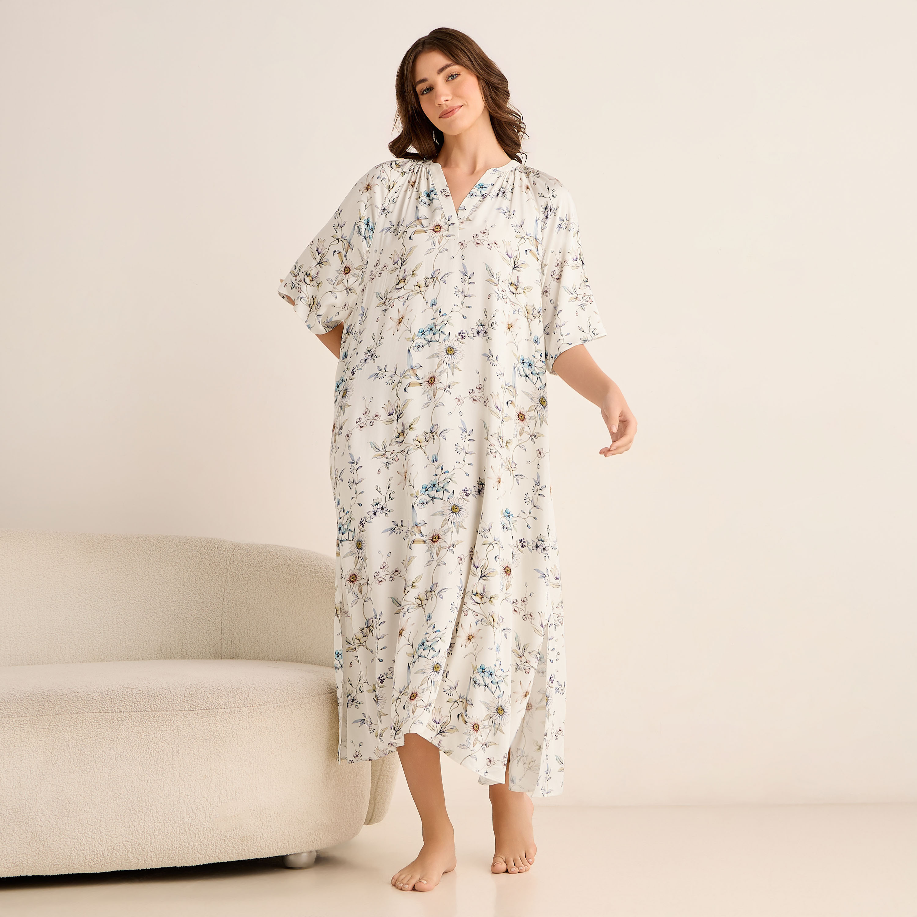 Midi Floral Print Kaftan Night Dress Modal-women-clothing-nightwear-nighties-image-2