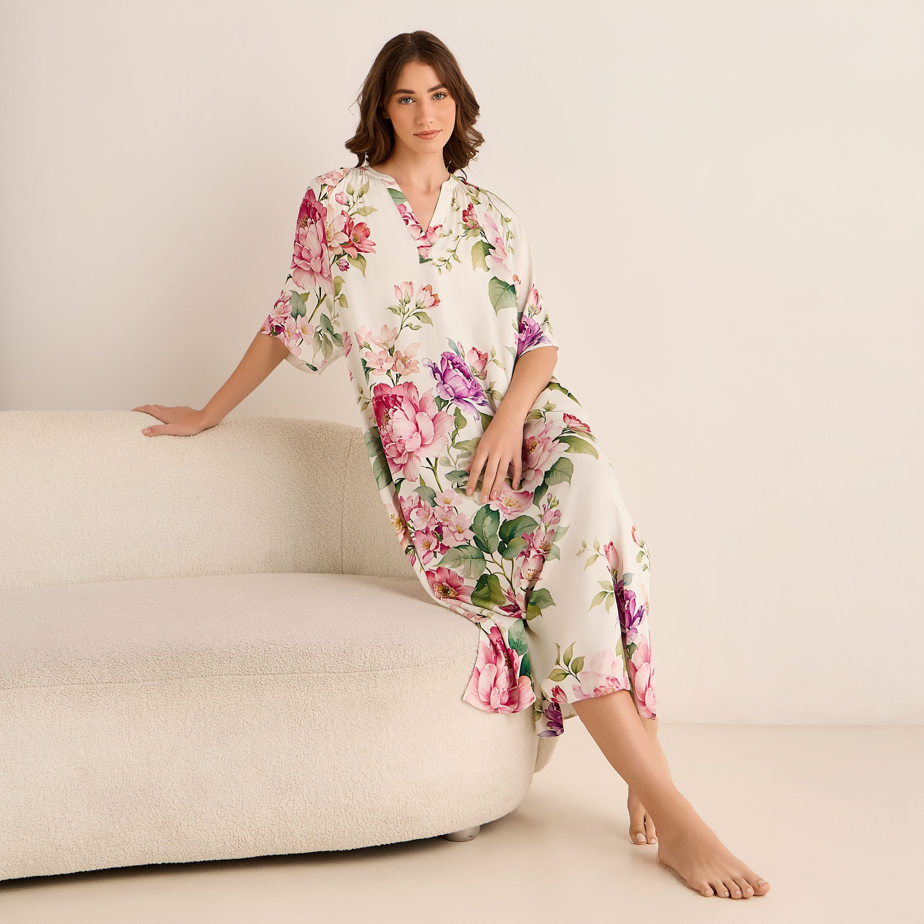 Midi Floral Print Kaftan Night Dress Modal-women-clothing-nightwear-nighties-image-1