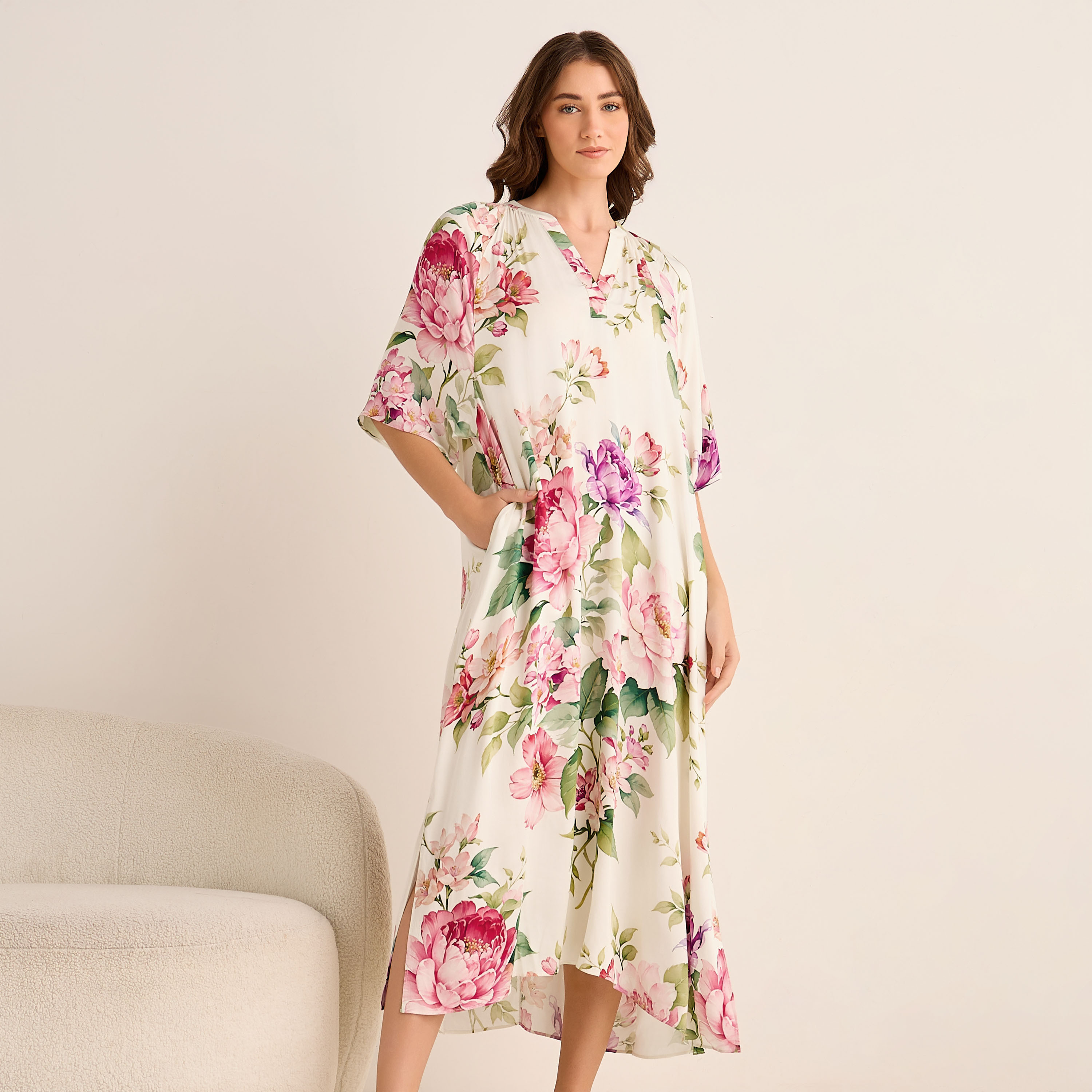 Midi Floral Print Kaftan Night Dress Modal-women-clothing-nightwear-nighties-image-3