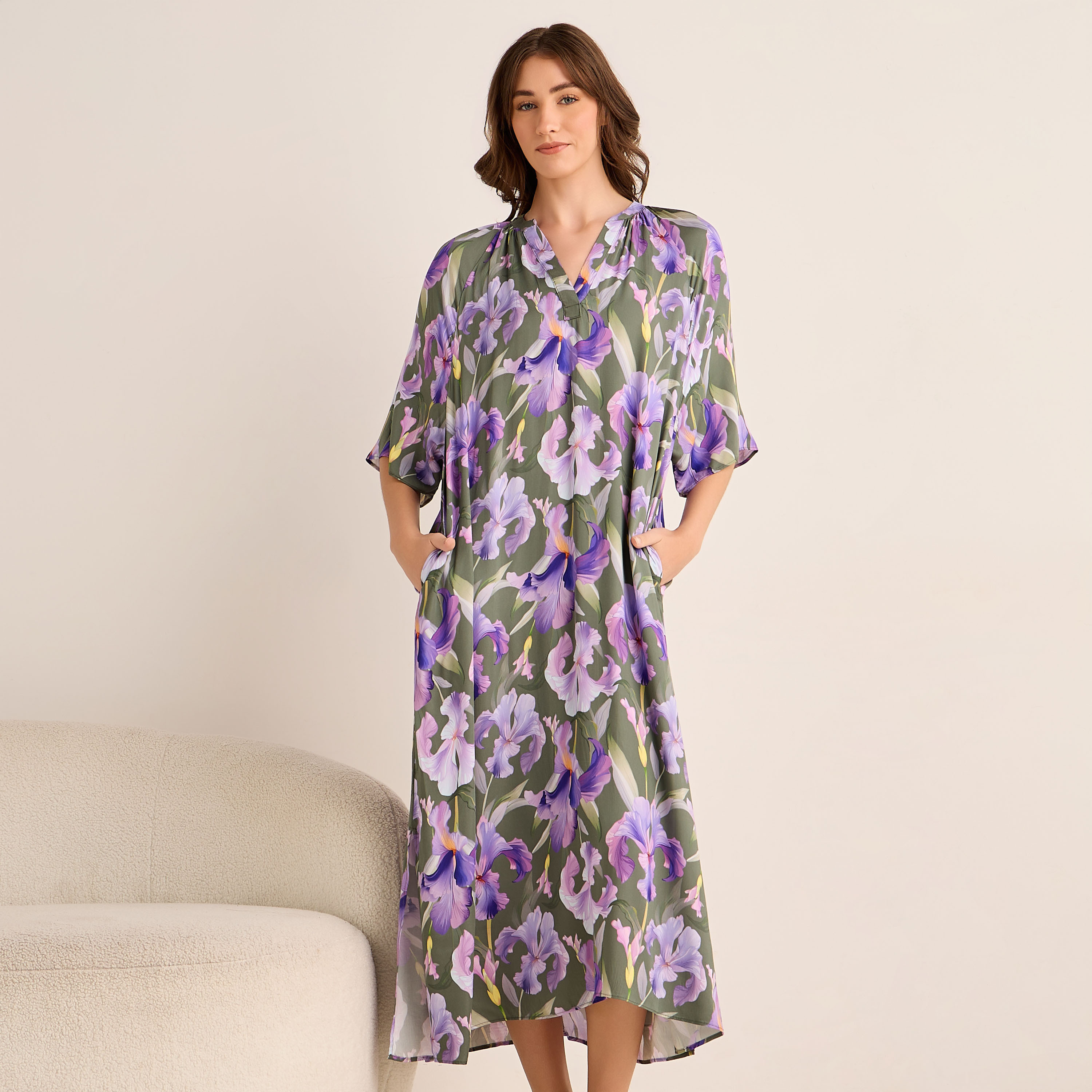 Midi Floral Print Kaftan Night Dress Modal-women-clothing-nightwear-nighties-image-2