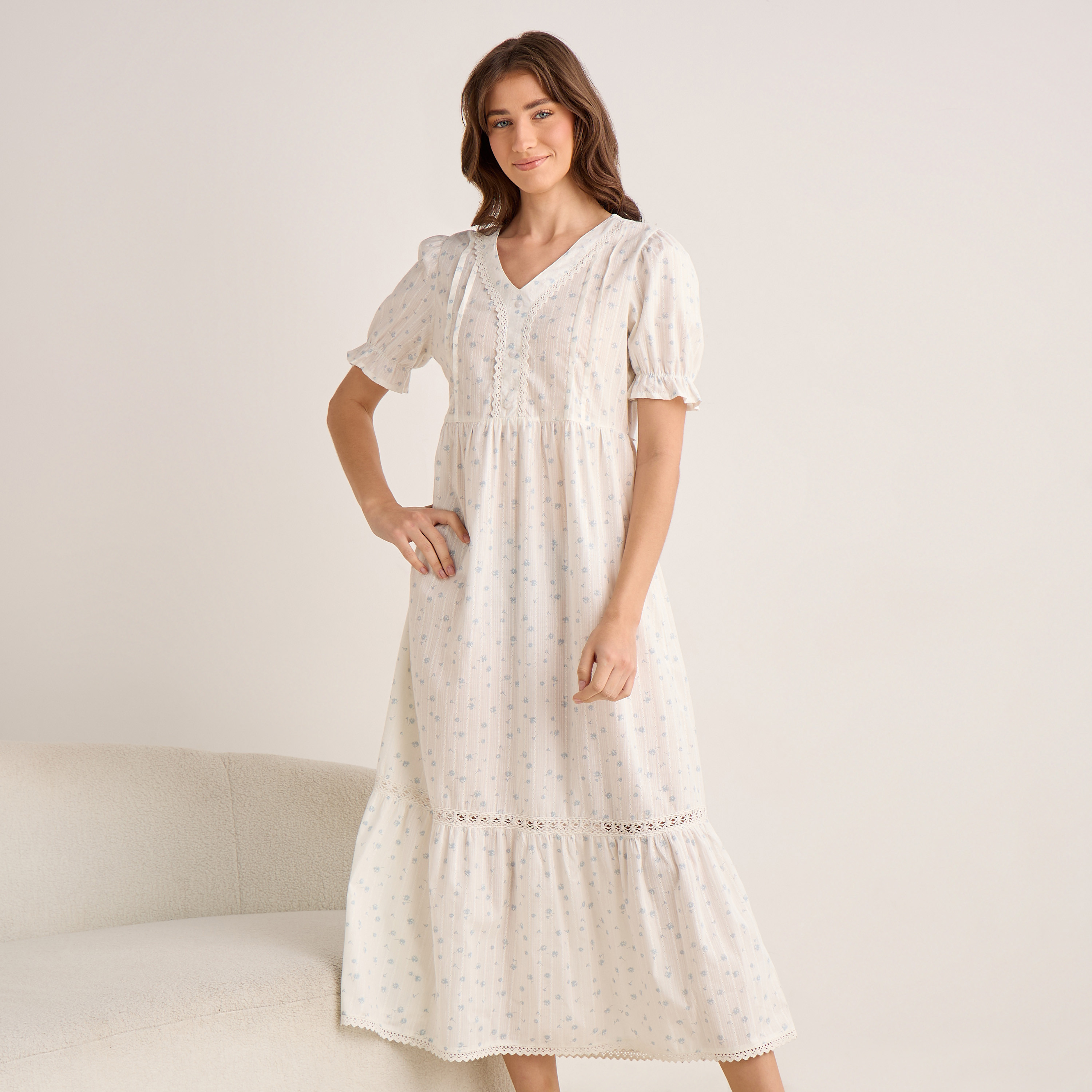 Night Dress Short Sleeve V-neck Cotton-women-clothing-nightwear-nighties-image-1