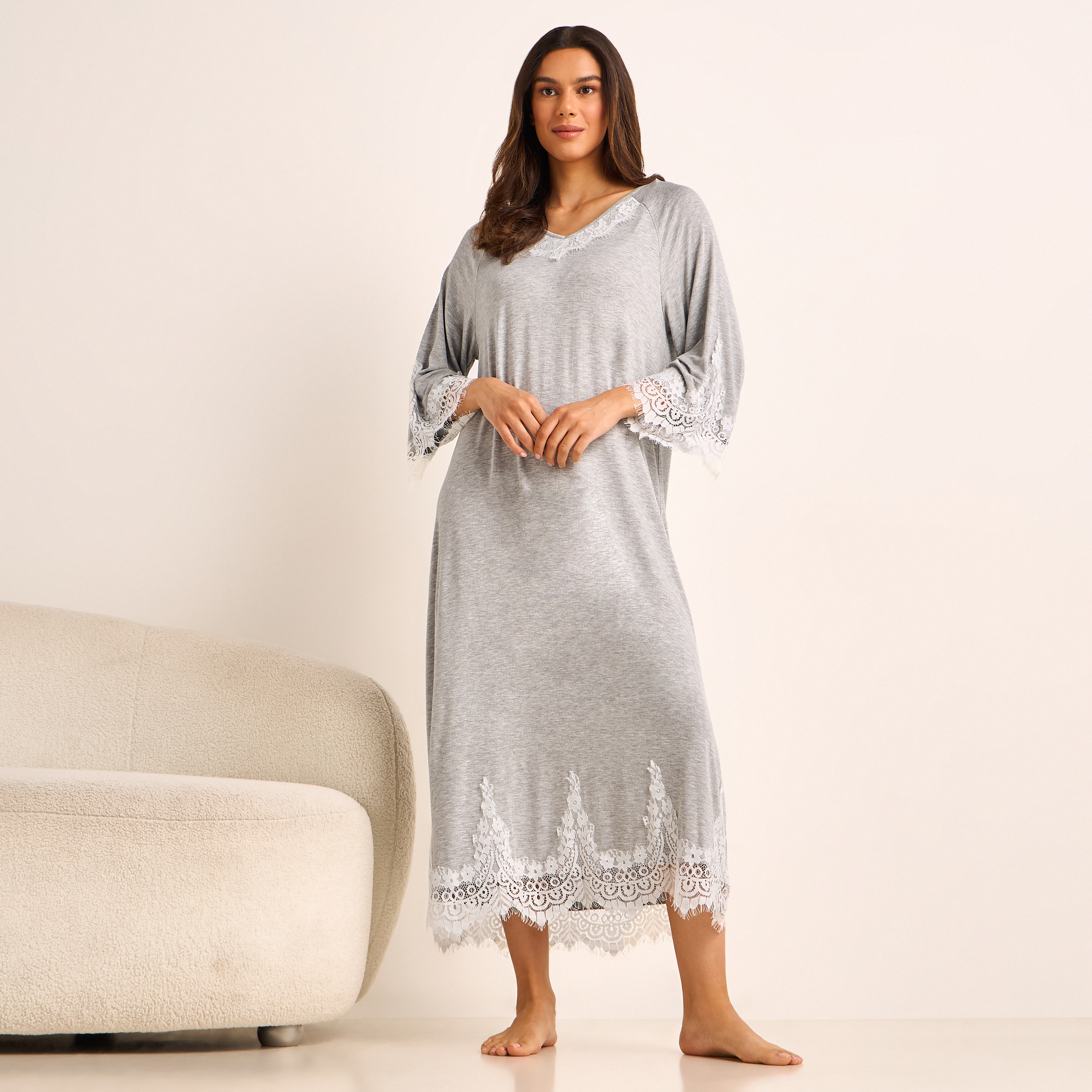 Night Gown Long Sleeve Lace Trim-women-clothing-nightwear-nighties-image-1