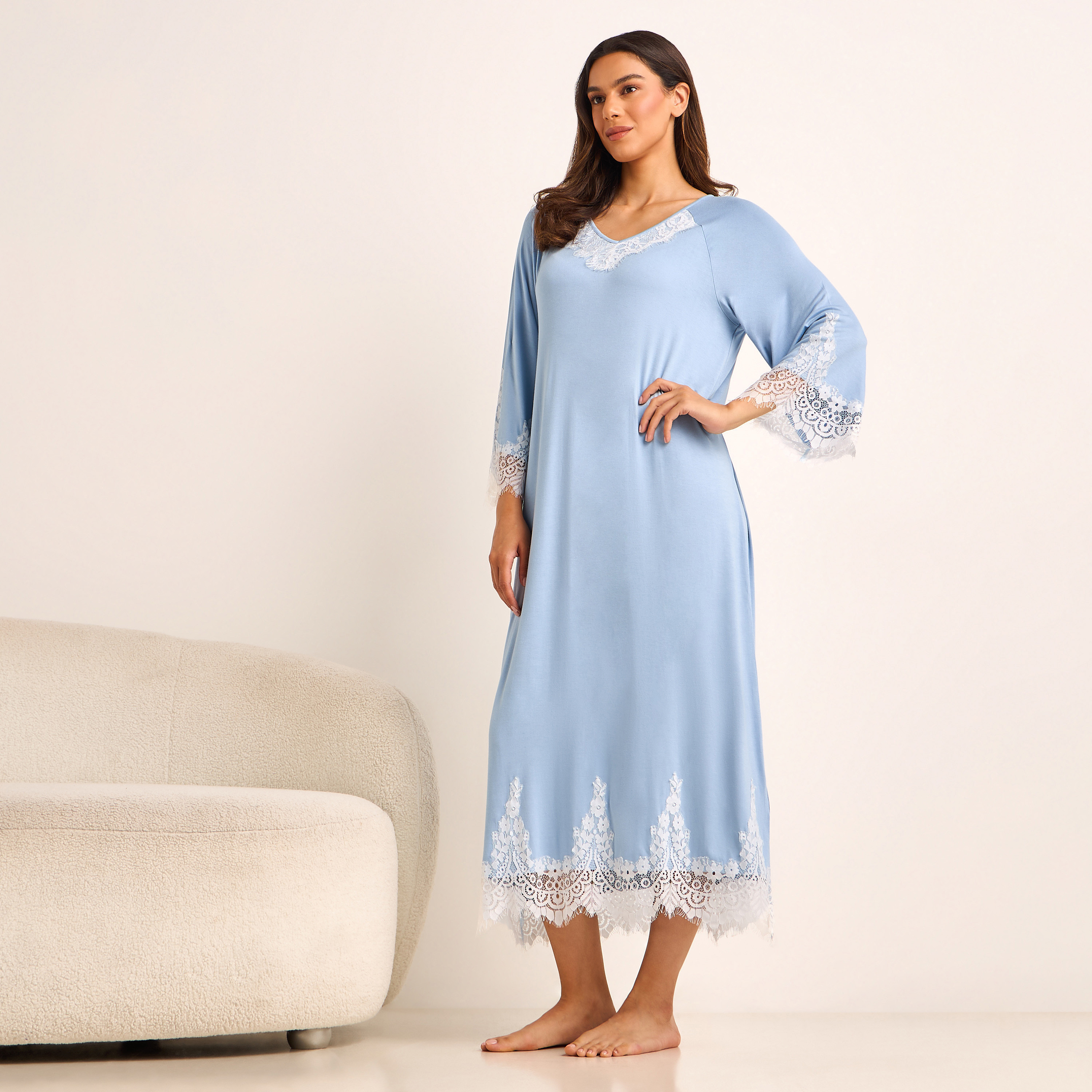 Night Gown Long Sleeve Lace Trim-women-clothing-nightwear-nighties-image-1