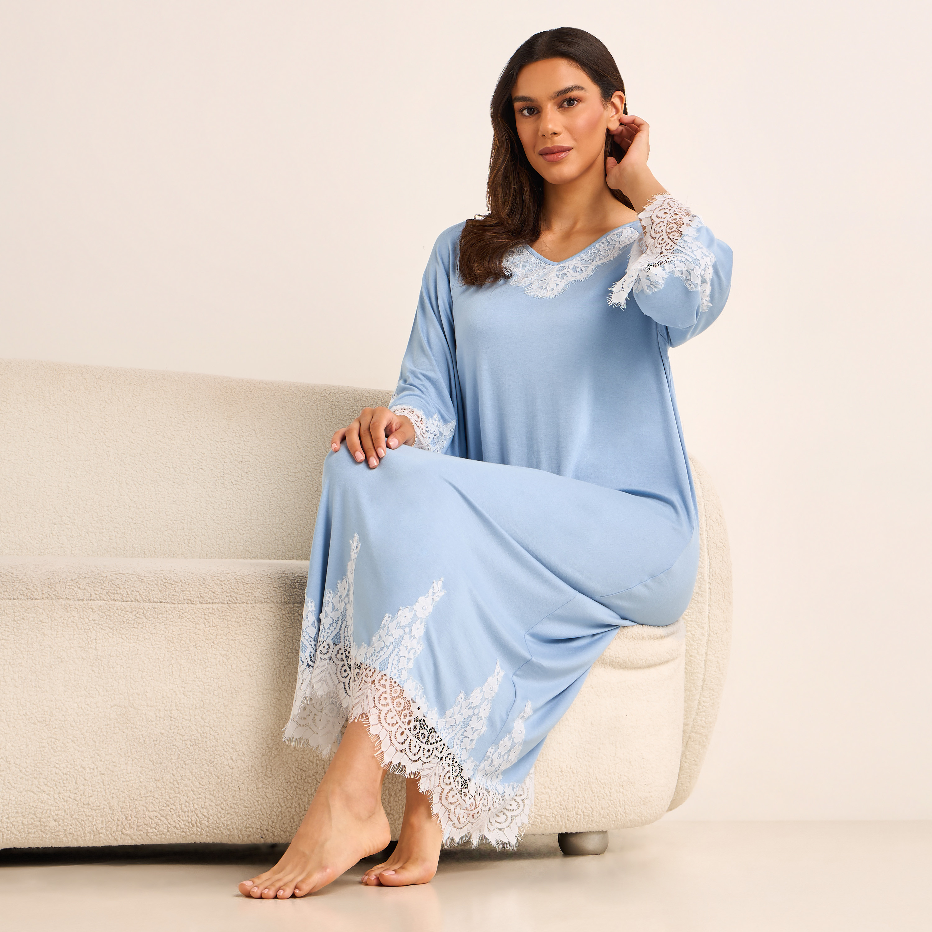 Night Gown Long Sleeve Lace Trim-women-clothing-nightwear-nighties-image-2
