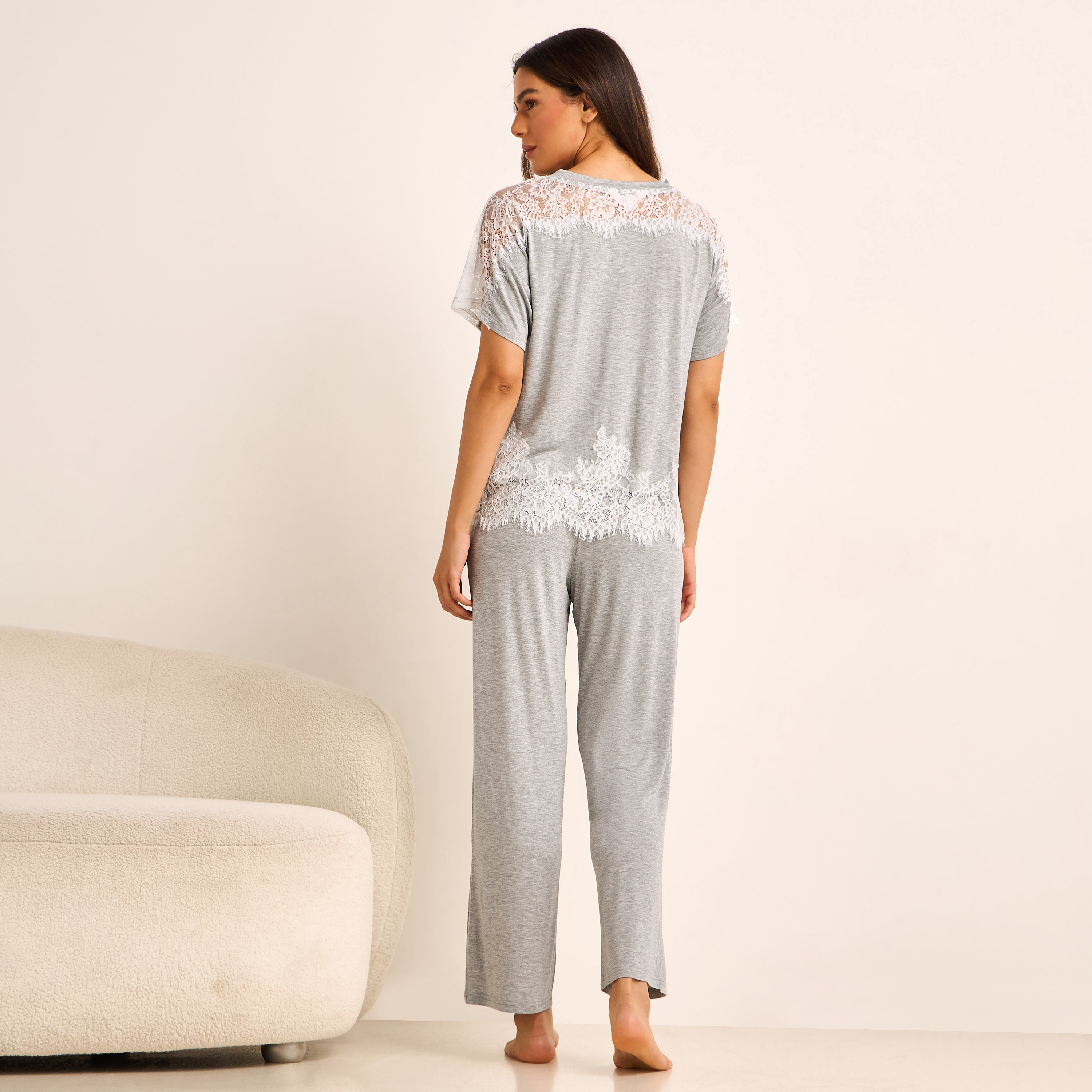 طقم بيجاما دانتيل بلوزة وبنطلون-women-clothing-nightwear-pyjamas-longsets-image-4