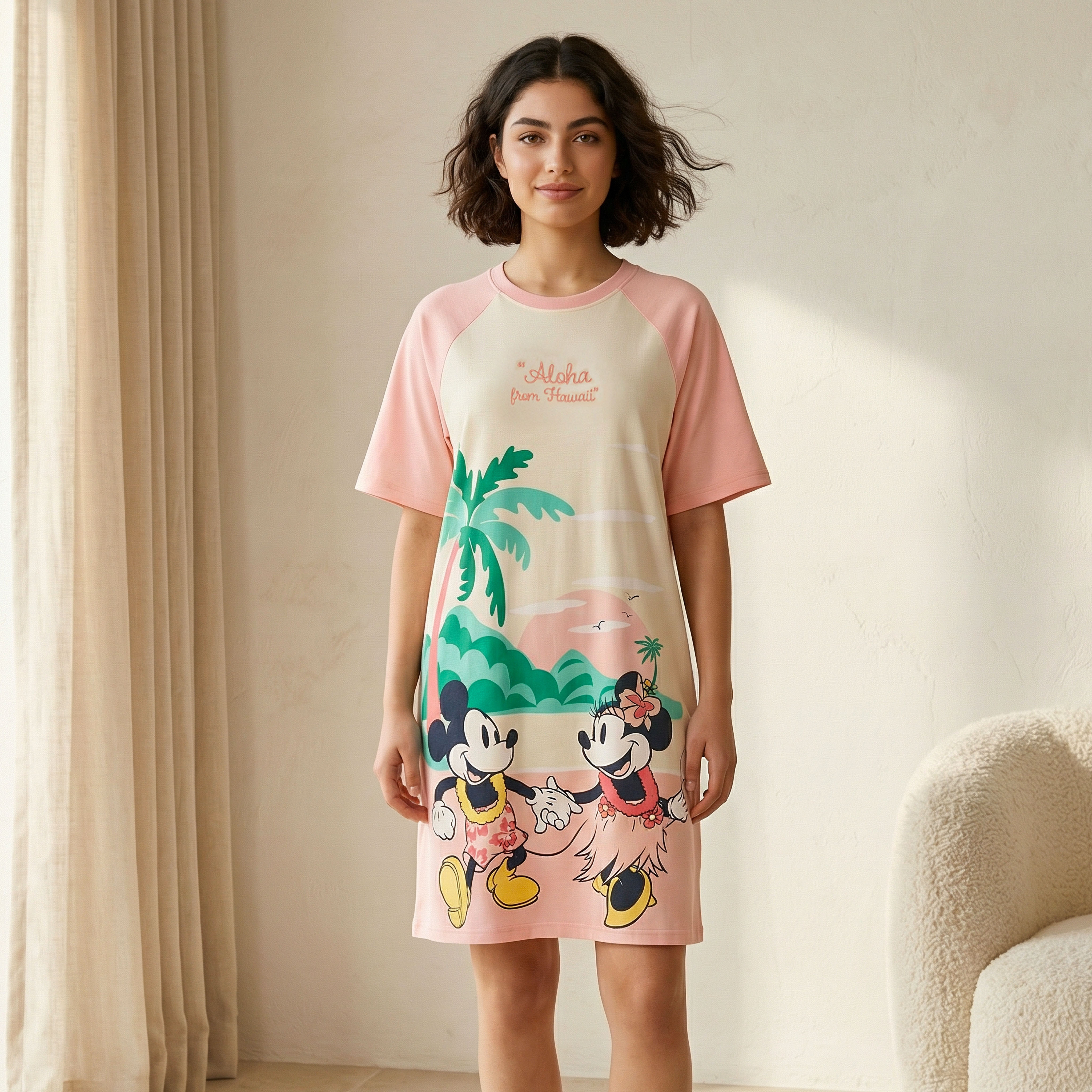 Sleepshirt Short Sleeves Mickey and Minnie Mouse Print Cotton-women-clothing-nightwear-nighties-image-1