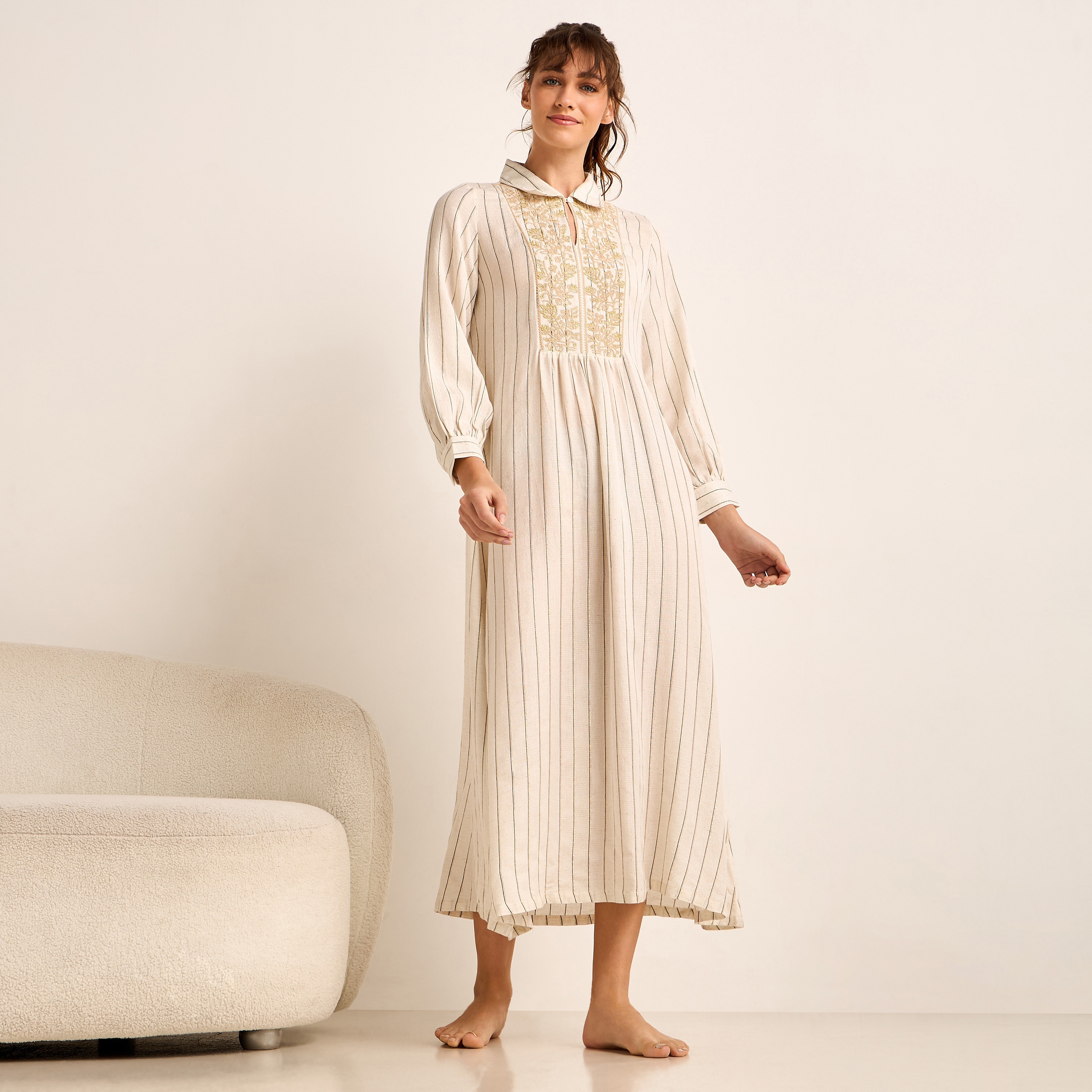 Midi Night Dress Long Sleeves Lurex Stripe Linen Blend-women-clothing-nightwear-nighties-image-1