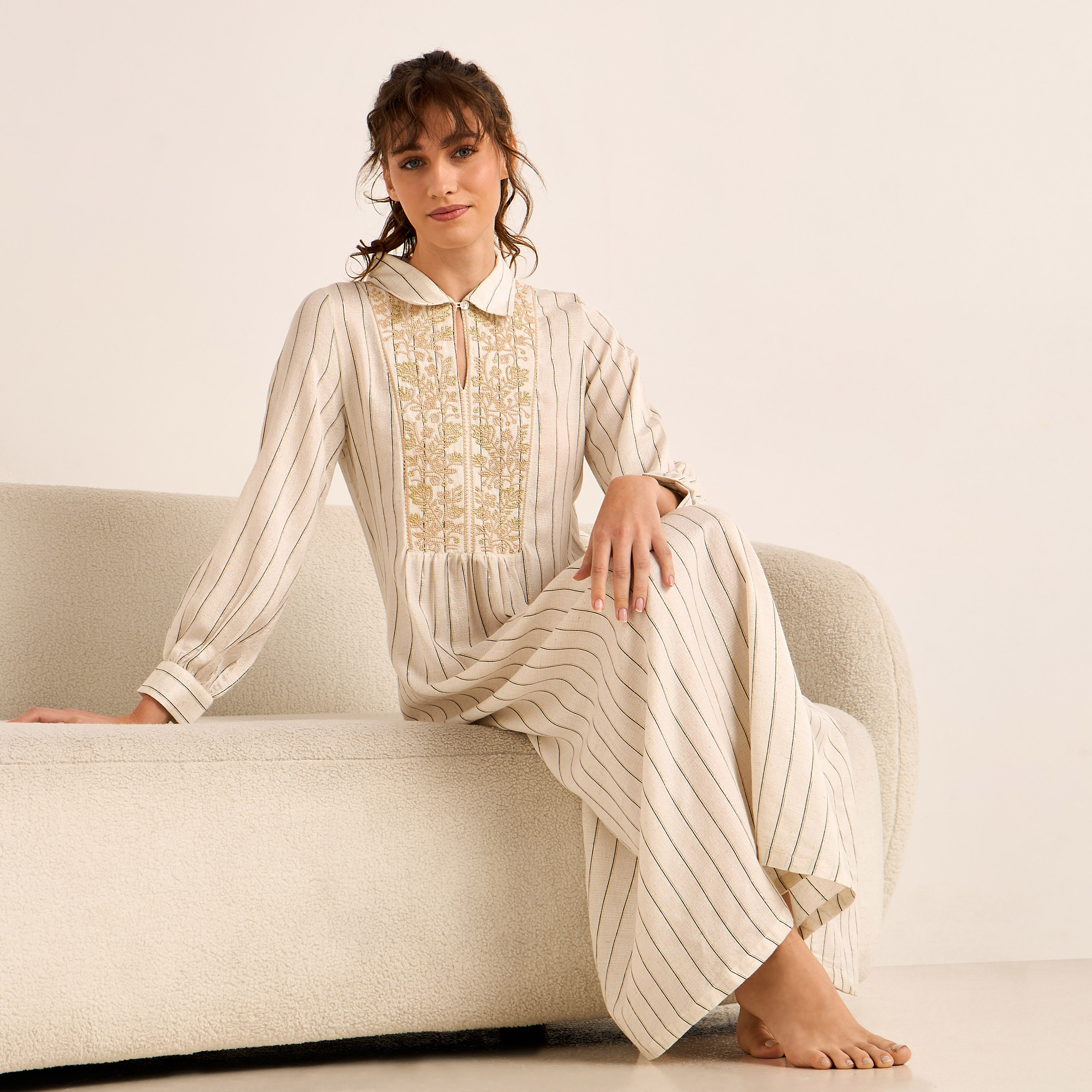 Midi Night Dress Long Sleeves Lurex Stripe Linen Blend-women-clothing-nightwear-nighties-image-2
